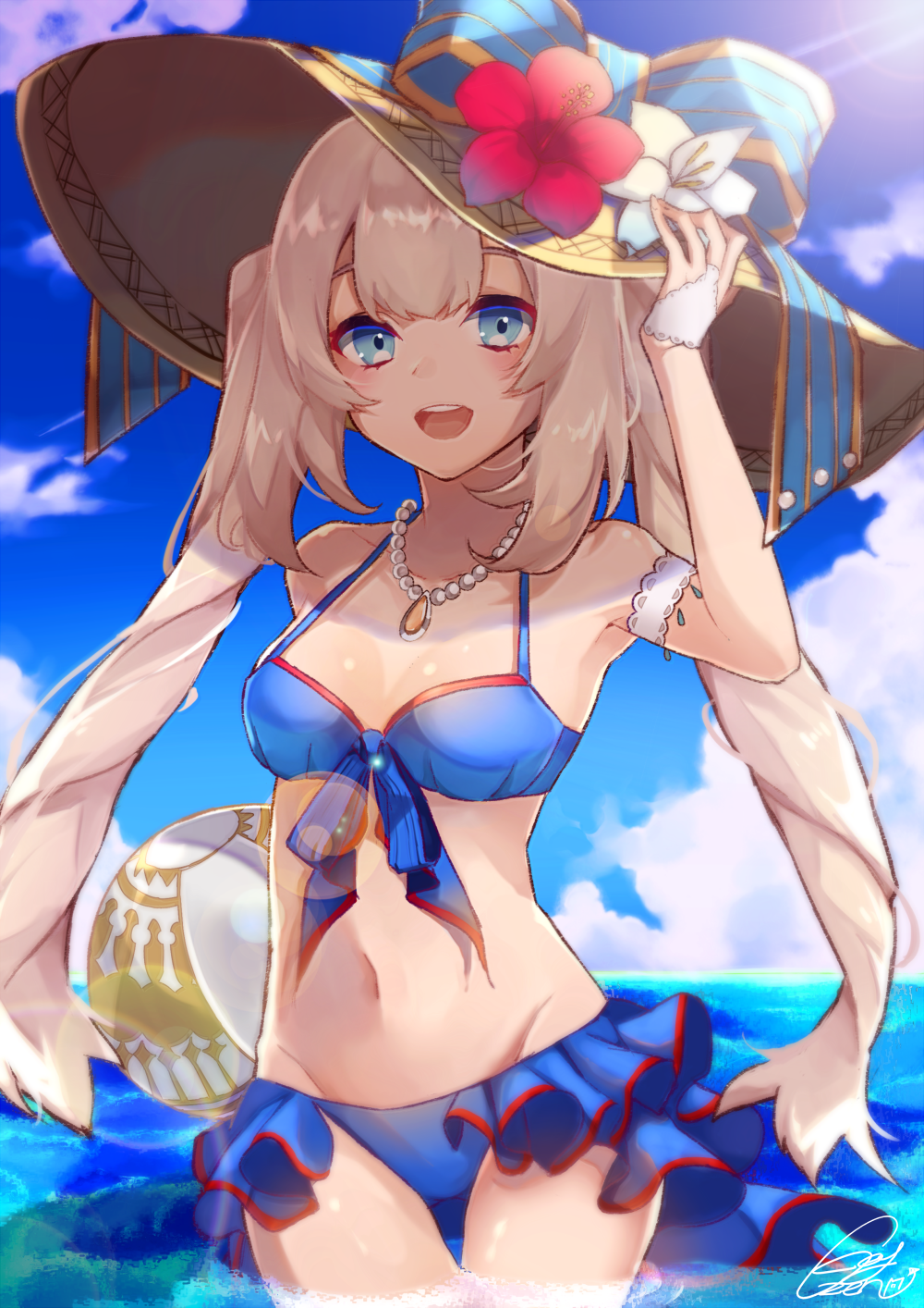 :d arm_up ball bangs bare_shoulders beachball bikini blue_bikini blue_bow blue_eyes blue_sky blush bow breasts cloud collarbone commentary_request cowboy_shot day fate/grand_order fate_(series) flower front-tie_bikini front-tie_top fujikiri_yana groin hand_on_headwear hat hat_bow hat_flower highres horizon jewelry long_hair looking_at_viewer marie_antoinette_(fate/grand_order) marie_antoinette_(swimsuit_caster)_(fate) medium_breasts navel necklace ocean open_mouth outdoors pearl_necklace red_flower round_teeth sidelocks signature silver_hair sky smile solo striped striped_bow sun_hat sunlight swimsuit teeth thigh_grab twintails upper_teeth very_long_hair water white_flower