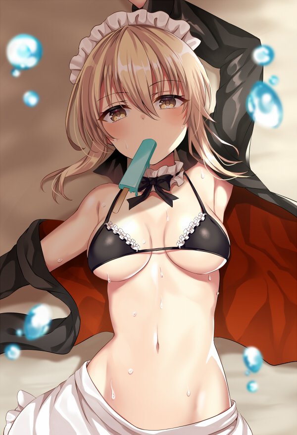 apron armpits artoria_pendragon_(all) artoria_pendragon_(swimsuit_rider_alter) bangs beach bikini black_bikini blonde_hair blush braid breasts commentary day detached_collar eyebrows_visible_through_hair fate/grand_order fate_(series) food food_in_mouth frills groin harimoji jacket looking_at_viewer lying maid_bikini maid_headdress medium_breasts mouth_hold navel on_back open_clothes outdoors popsicle ribbon sand shade sidelocks solo stomach sweat swimsuit water_drop yellow_eyes