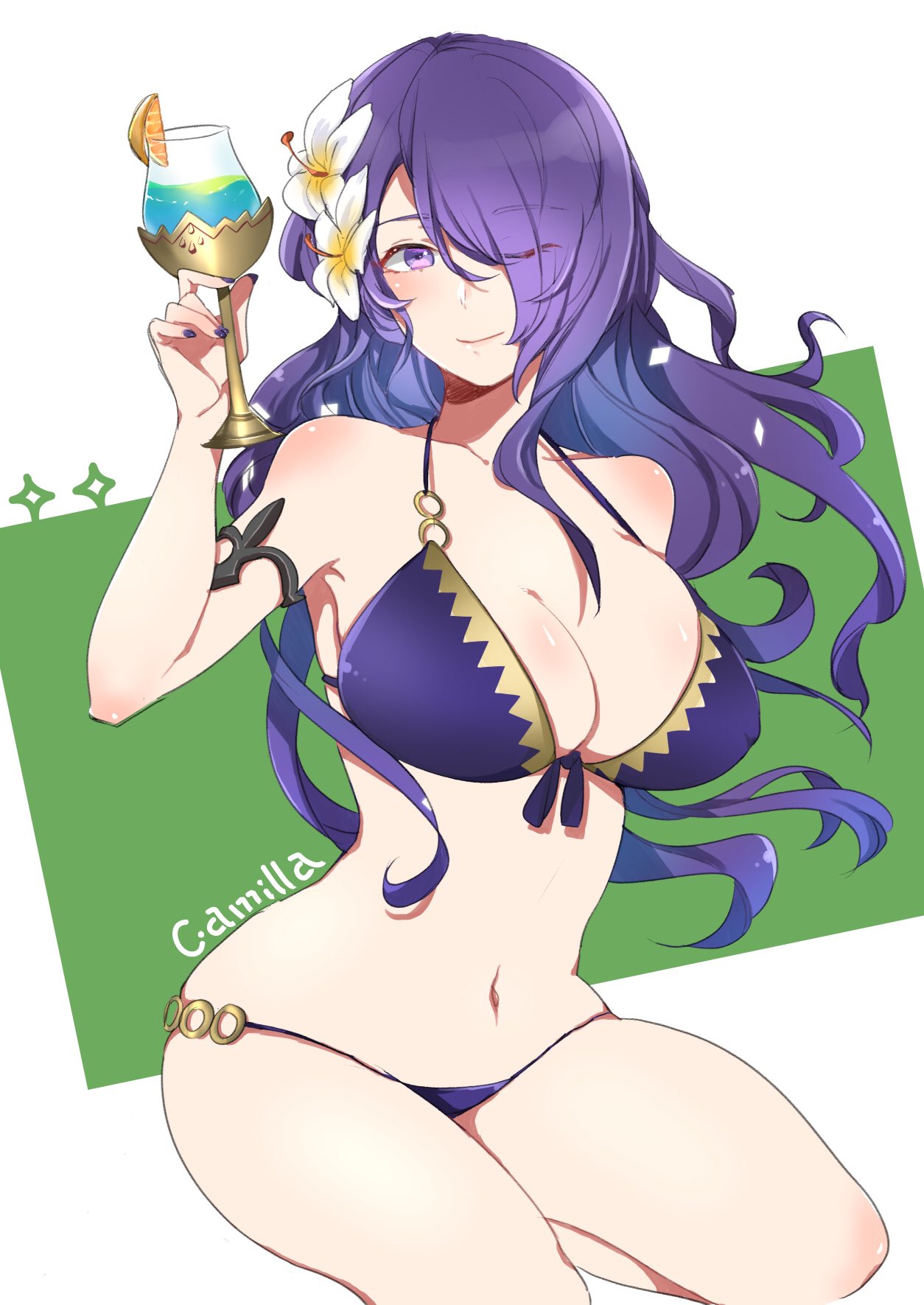 bikini breasts camilla_(fire_emblem_if) character_name cleavage closed_mouth commentary_request cup drinking_glass fire_emblem fire_emblem_heroes fire_emblem_if flower hair_flower hair_ornament hair_over_one_eye highres large_breasts lips long_hair nail_polish navel nekolook purple_bikini purple_eyes purple_hair solo swimsuit thighs wavy_hair