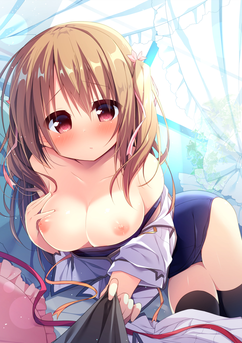 bangs bare_shoulders blue_swimsuit blush breasts collarbone commentary_request curtains eyebrows_visible_through_hair frilled_pillow frills hair_between_eyes hair_ribbon hanamiya_natsuka hand_on_own_chest hand_up large_breasts light_brown_hair long_hair long_sleeves looking_at_viewer nipples off_shoulder old_school_swimsuit one-piece_swimsuit original pillow pink_ribbon red_eyes ribbon school_swimsuit shirt skirt skirt_removed solo strap_slip swimsuit swimsuit_pull transparent two_side_up white_shirt white_skirt