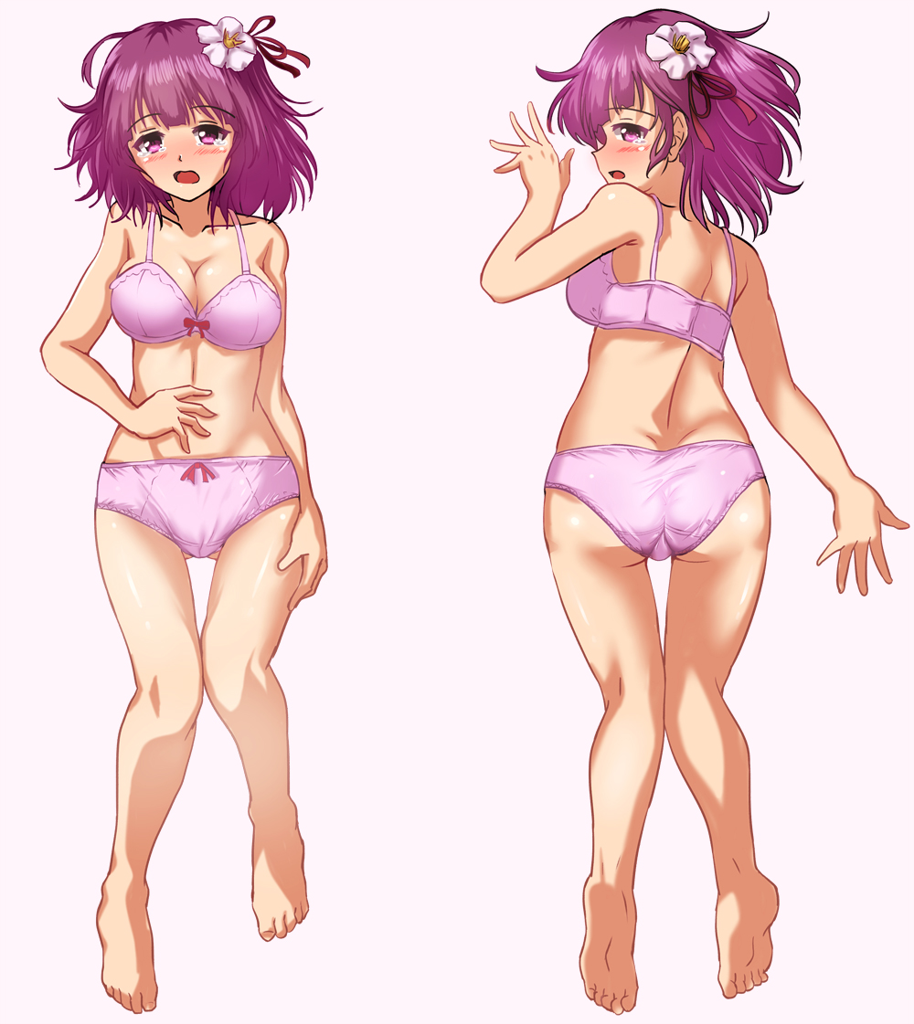 ass ass_visible_through_thighs back bangs barefoot blush bow bow_bra bow_panties bra breasts cleavage collarbone crotch_seam dakimakura eyebrows_visible_through_hair flower from_above frown full_body hair_flower hair_ornament hand_on_own_stomach hand_on_own_thigh hieda_no_akyuu legs looking_at_viewer looking_back lying medium_breasts medium_hair multiple_views on_back on_stomach open_mouth panties pink_bra pink_panties purple_hair simple_background tearing_up thigh_gap touhou underwear underwear_only white_background zanntetu