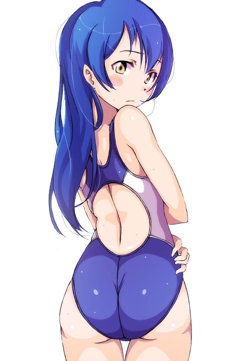 ass bangs blue_hair blue_swimsuit blush commentary competition_swimsuit cowboy_shot from_behind hair_between_eyes highres long_hair looking_at_viewer looking_back love_live! love_live!_school_idol_project marine_day one-piece_swimsuit sen_(sen0910) simple_background solo sonoda_umi swimsuit white_background yellow_eyes