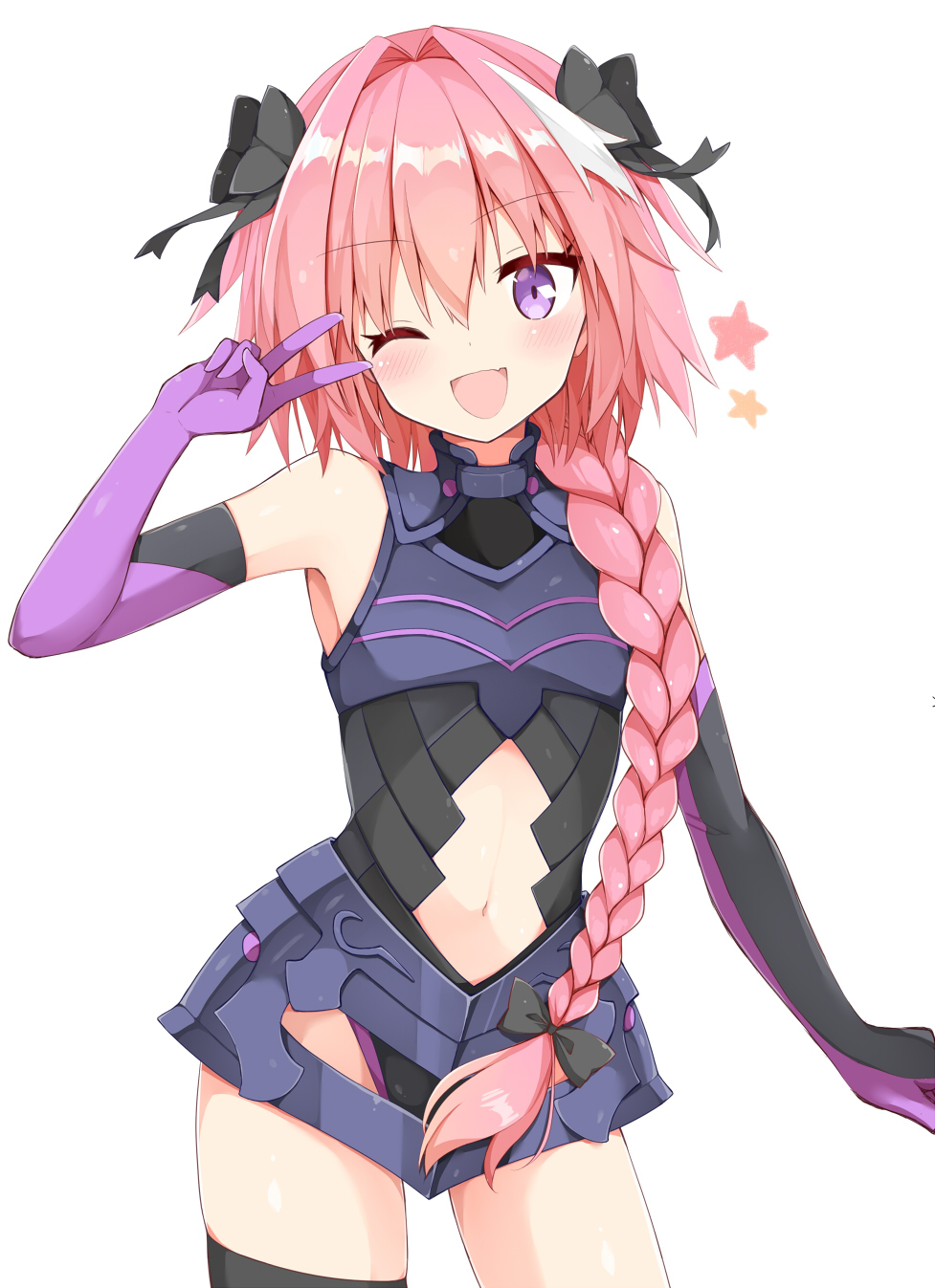 ;d arm_at_side armor armored_leotard armpits astolfo_(fate) bangs black_armor black_bow black_gloves black_legwear black_leotard blush bow braid breastplate contrapposto cosplay cowboy_shot elbow_gloves eyebrows_visible_through_hair fang fate/apocrypha fate_(series) faulds gloves gorget hair_between_eyes hair_bow hair_intakes hair_over_shoulder hand_up happy highres hips kamu_(geeenius) leotard long_hair looking_at_viewer mash_kyrielight mash_kyrielight_(cosplay) multicolored multicolored_clothes multicolored_gloves multicolored_hair navel navel_cutout one_eye_closed open_mouth otoko_no_ko pink_hair purple_eyes purple_gloves shiny shiny_hair shiny_skin simple_background single_braid skindentation smile standing stomach streaked_hair thighhighs very_long_hair white_background white_hair