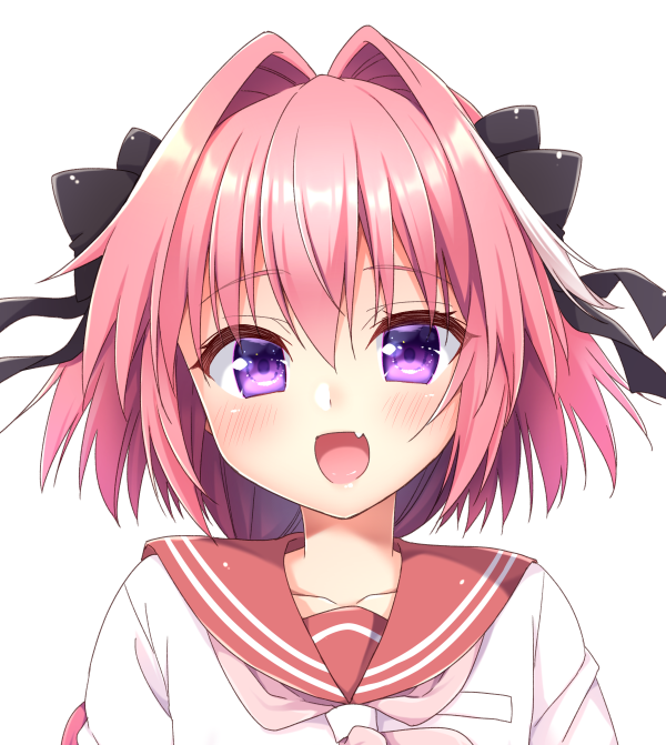 :d aichi_shiho astolfo_(fate) bangs black_bow black_ribbon blush bow braid breast_pocket collarbone commentary_request eyebrows_visible_through_hair face fang fate/apocrypha fate_(series) hair_between_eyes hair_bow hair_intakes hair_ribbon long_hair looking_at_viewer male_focus multicolored_hair neckerchief open_mouth otoko_no_ko pink_hair pink_neckwear pocket portrait purple_eyes red_sailor_collar ribbon sailor_collar school_uniform serafuku shiny shiny_hair sidelocks simple_background single_braid smile solo streaked_hair white_background white_hair
