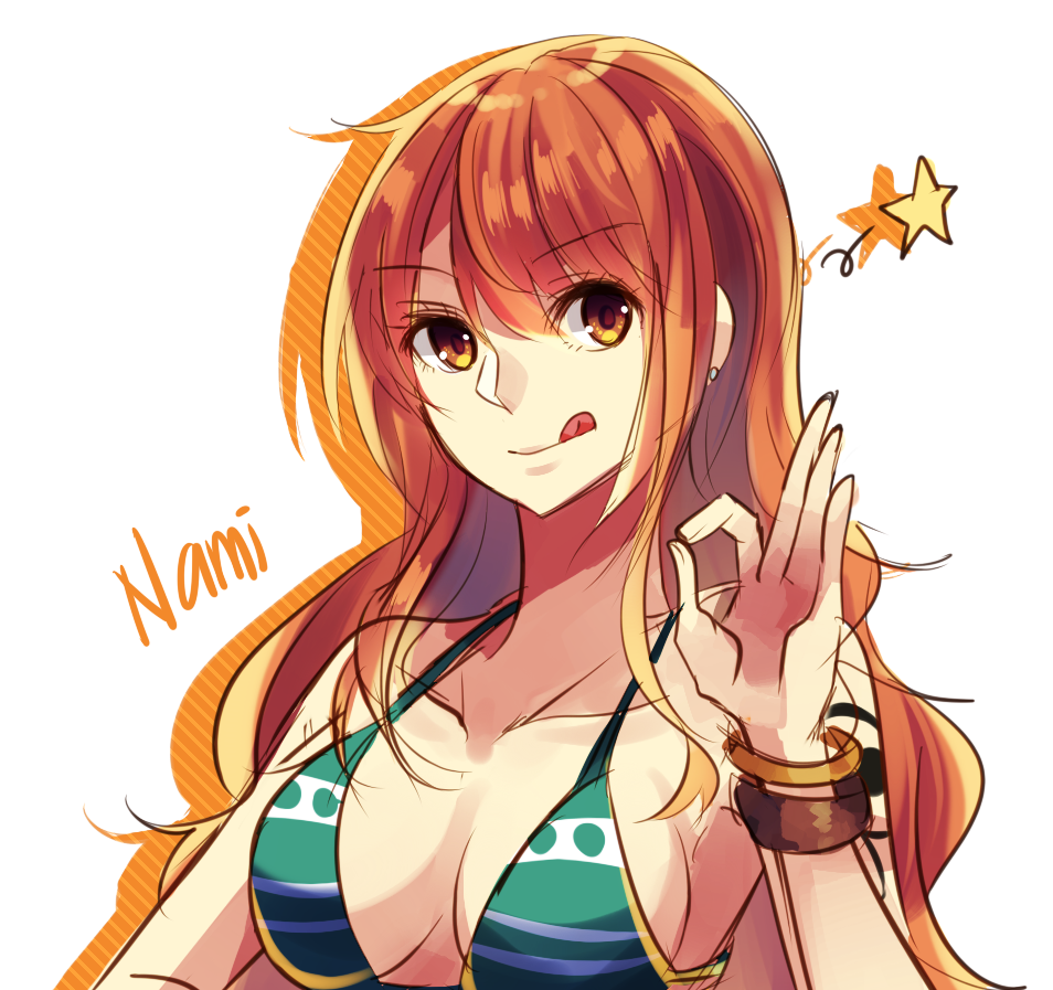 :q bracelet breasts character_name cleavage collarbone earrings eyebrows_visible_through_hair green_bikini_top hair_between_eyes jewelry long_hair looking_at_viewer medium_breasts nami_(one_piece) namiey one_piece orange_hair sideboob solo star striped tattoo tongue tongue_out upper_body white_background yellow_eyes