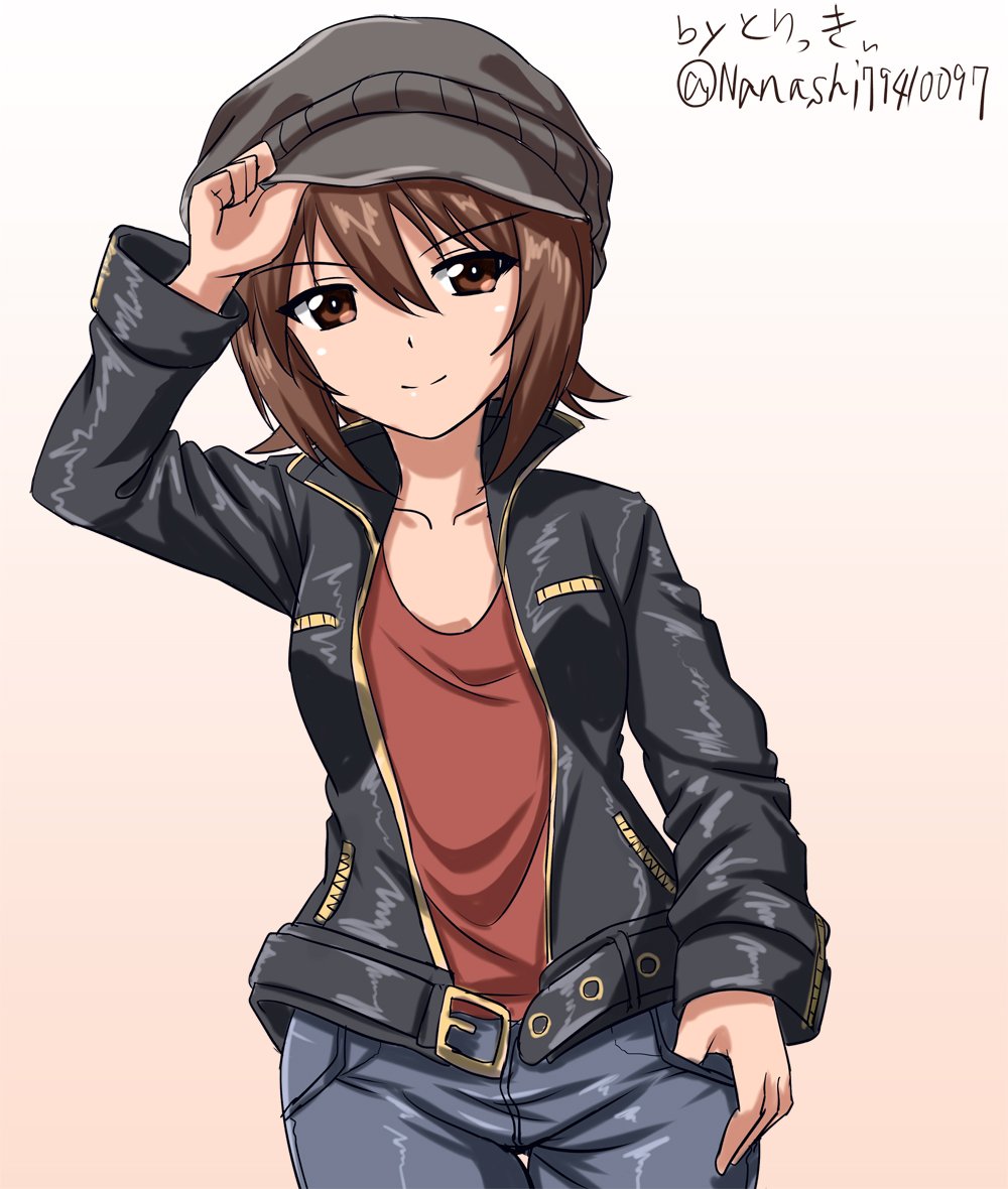adjusting_headwear artist_name bangs beige_background black_hat black_jacket black_pants brown_eyes brown_hair cabbie_hat casual closed_mouth commentary cowboy_shot dutch_angle eyebrows_visible_through_hair girls_und_panzer gradient gradient_background hat jacket leather leather_jacket nishizumi_maho open_clothes open_jacket pants red_shirt shirt short_hair signature smile solo thigh_gap thumb_in_pocket twitter_username zanntetu