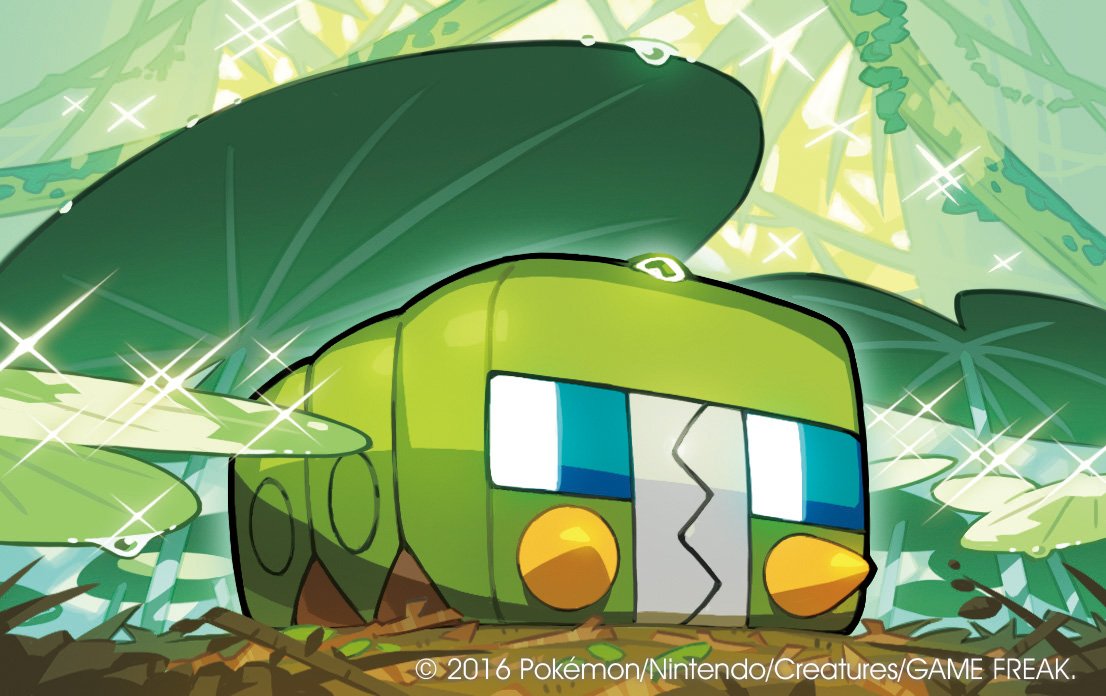blue_eyes charjabug commentary_request gen_7_pokemon grass leaf leaf_on_head no_humans official_art pokemon pokemon_(creature) pokemon_trading_card_game saitou_naoki solo trading_card water_drop watermark