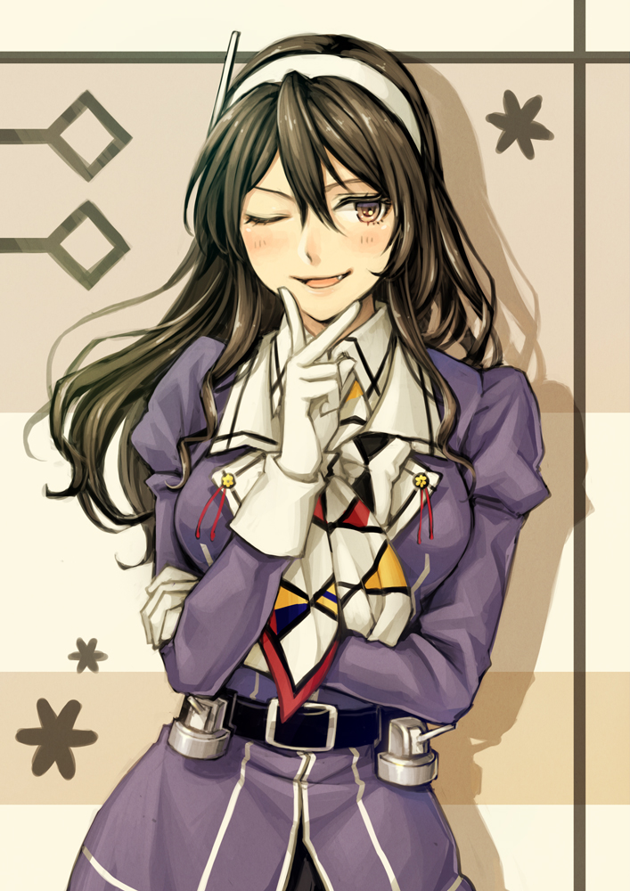 ;d ashigara_(kantai_collection) belt black_skirt brown_eyes brown_hair fang fingers_to_cheek gloves hairband horned_headwear kantai_collection kiiroink long_hair looking_to_the_side one_eye_closed open_mouth remodel_(kantai_collection) scarf skirt smile solo uniform wavy_hair white_gloves white_hairband