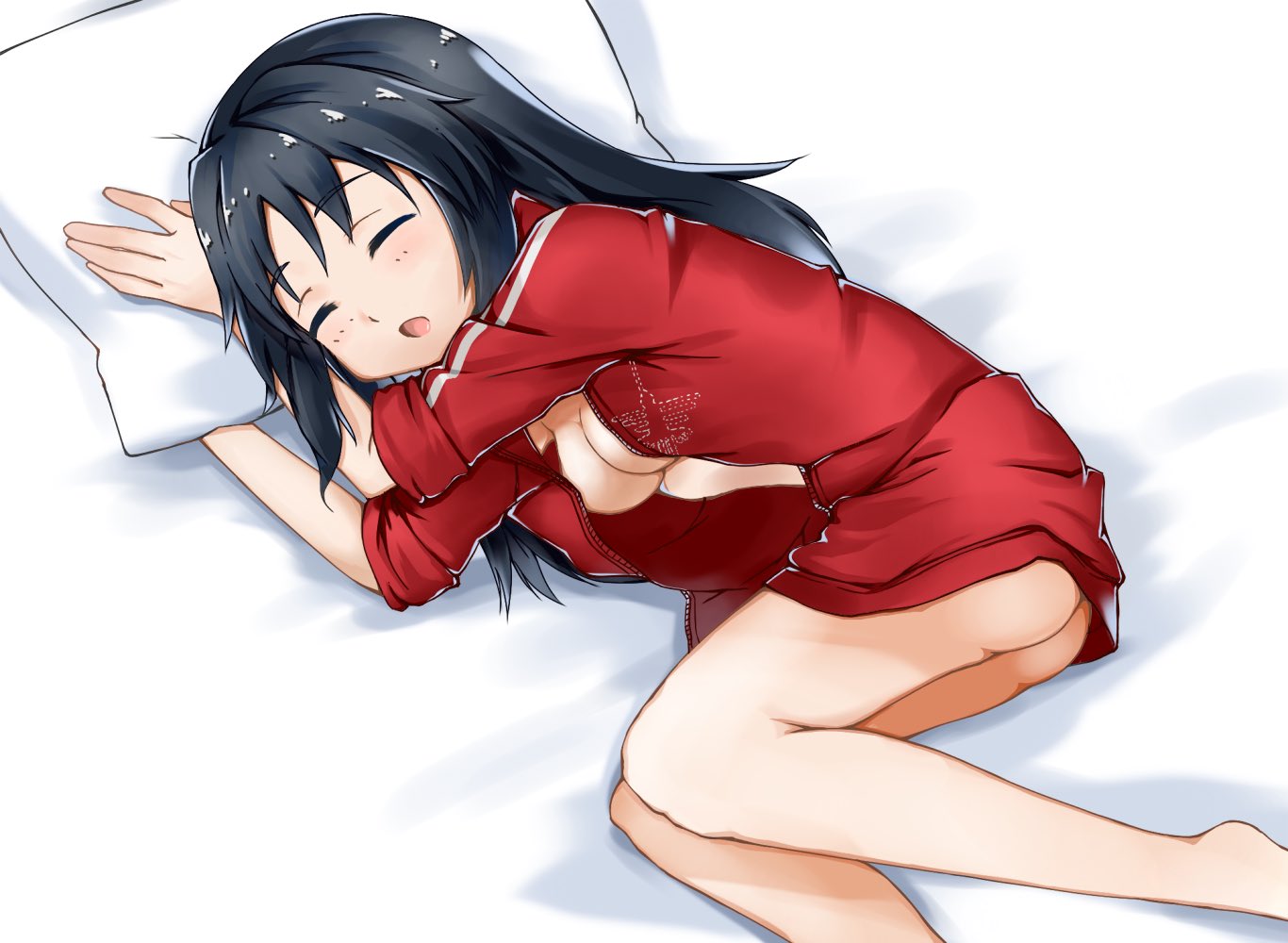 ass bangs bed_sheet blue_hair bottomless breasts cleavage closed_eyes commentary freckles girls_und_panzer jacket long_hair long_sleeves lying medium_breasts naked_coat no_shirt on_bed on_side open_clothes open_jacket open_mouth pillow red_jacket sleeping sleeves_rolled_up solo toon_(noin) track_jacket yamagou_ayumi