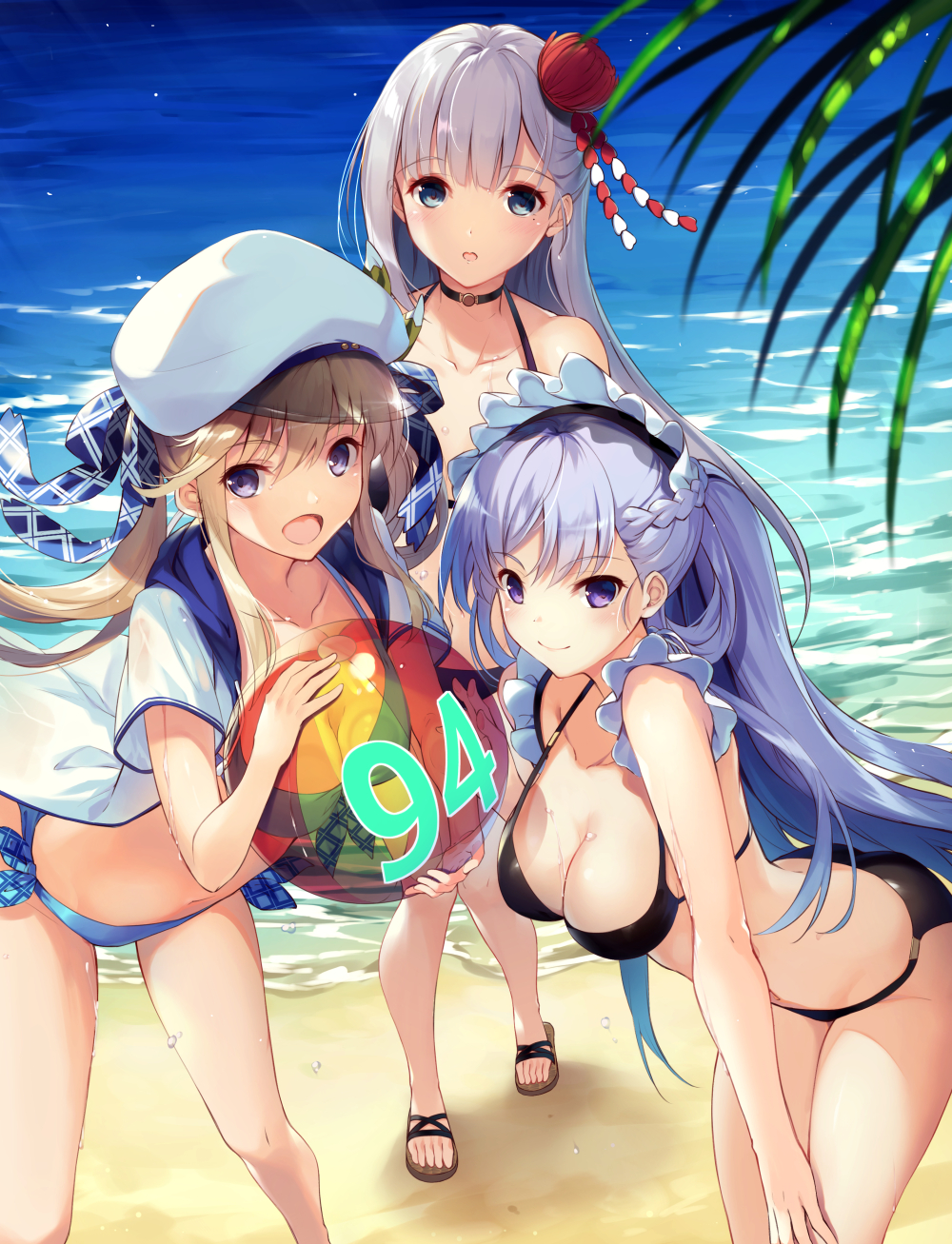 akanebi alternate_costume ass azur_lane bad_revision ball bangs bare_shoulders beach beachball belfast_(azur_lane) beret bikini black_bikini blonde_hair blue_bikini blue_eyes blue_sky blush braid breasts chain choker cleavage cloud collar collarbone commentary_request cucouroux_(granblue_fantasy) day eyebrows_visible_through_hair french_braid frills granblue_fantasy hair_ornament hair_ribbon hat highres holding holding_ball large_breasts leaning_forward long_hair looking_at_viewer md5_mismatch medium_breasts mole mole_under_eye multiple_girls ocean open_mouth outdoors palm_leaf ribbon sand sandals shoukaku_(azur_lane) silver_hair sky smile swimsuit thighs twintails waves