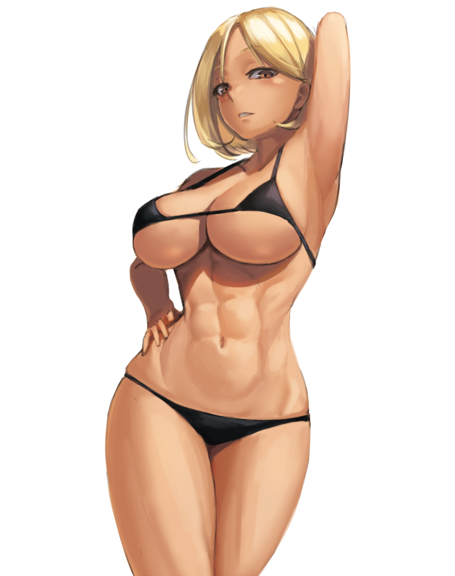 abs arm_behind_head arm_up armpits bangs bare_arms bare_shoulders bikini black_bikini blonde_hair breasts brown_eyes cleavage collarbone eyebrows_visible_through_hair groin hand_on_hip large_breasts legs_together looking_at_viewer micro_bikini navel original parted_bangs parted_lips ranma_(kamenrideroz) shiny shiny_hair short_hair simple_background solo standing string_bikini swimsuit thighs toned white_background