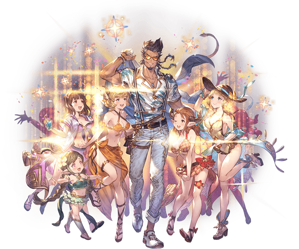 5girls bare_shoulders belt bikini blonde_hair blue_eyes boots braid breasts brown_eyes brown_hair draph drink erune facial_hair flower full_body goatee granblue_fantasy grey_eyes grin harvin hat heart heart-shaped_pupils height_difference hibiscus high_heels holster horns large_breasts long_hair minaba_hideo multiple_braids multiple_girls navel one-piece_swimsuit one_eye_closed plaid plaid_bikini pointy_ears sandals sarong shawl short_hair smile sparkle sunglasses suspenders swimsuit symbol-shaped_pupils transparent_background twin_braids yngwie