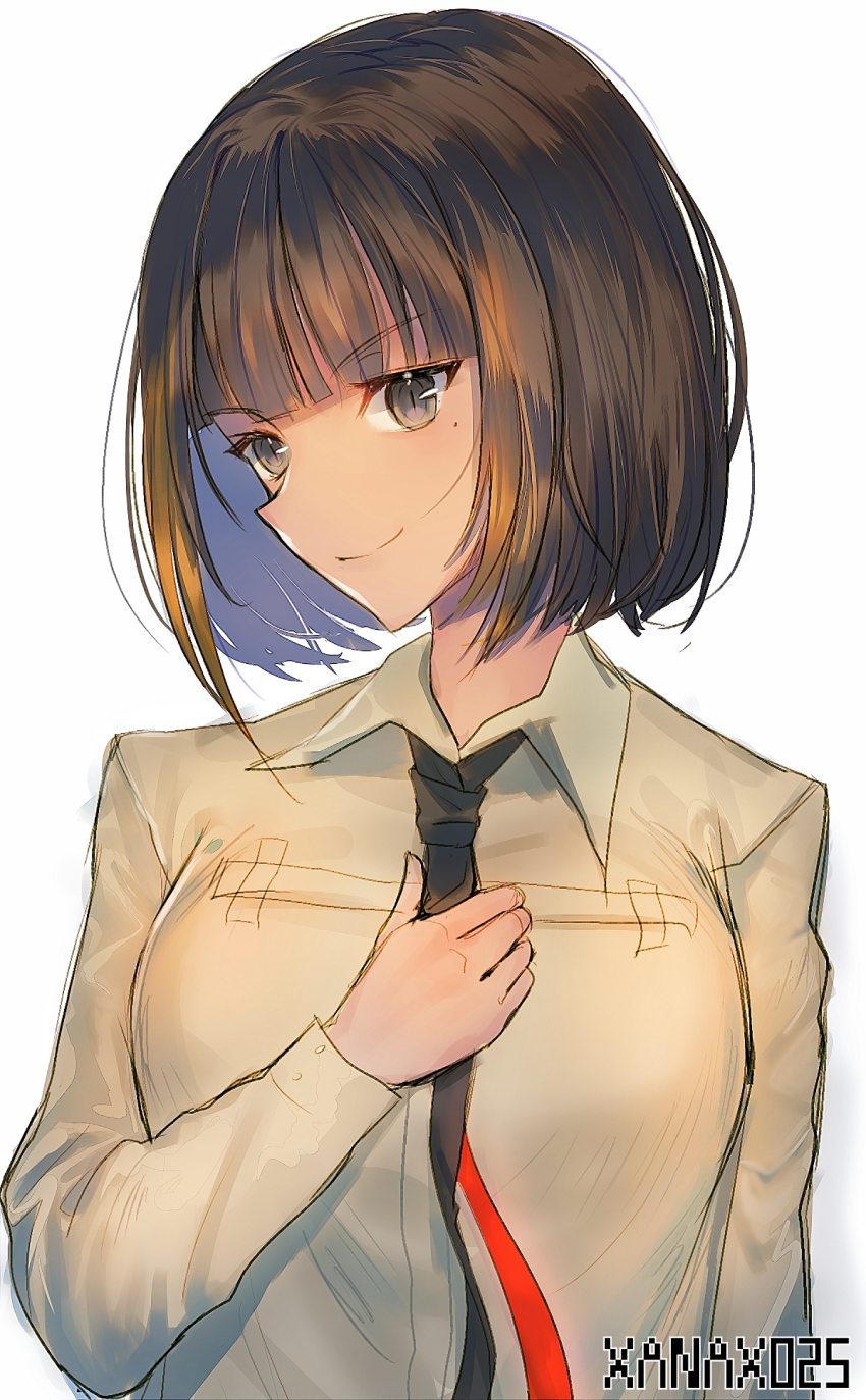 alternate_hair_length alternate_hairstyle artist_name bangs black_hair black_neckwear blonde_hair brown_eyes brown_hair closed_mouth collared_shirt commentary_request eyebrows_visible_through_hair girls_frontline highres long_sleeves looking_at_viewer m16a1_(girls_frontline) mole mole_under_eye multicolored_hair necktie shirt short_hair sidelocks simple_background sleeve_cuffs smile solo streaked_hair white_background xanax025
