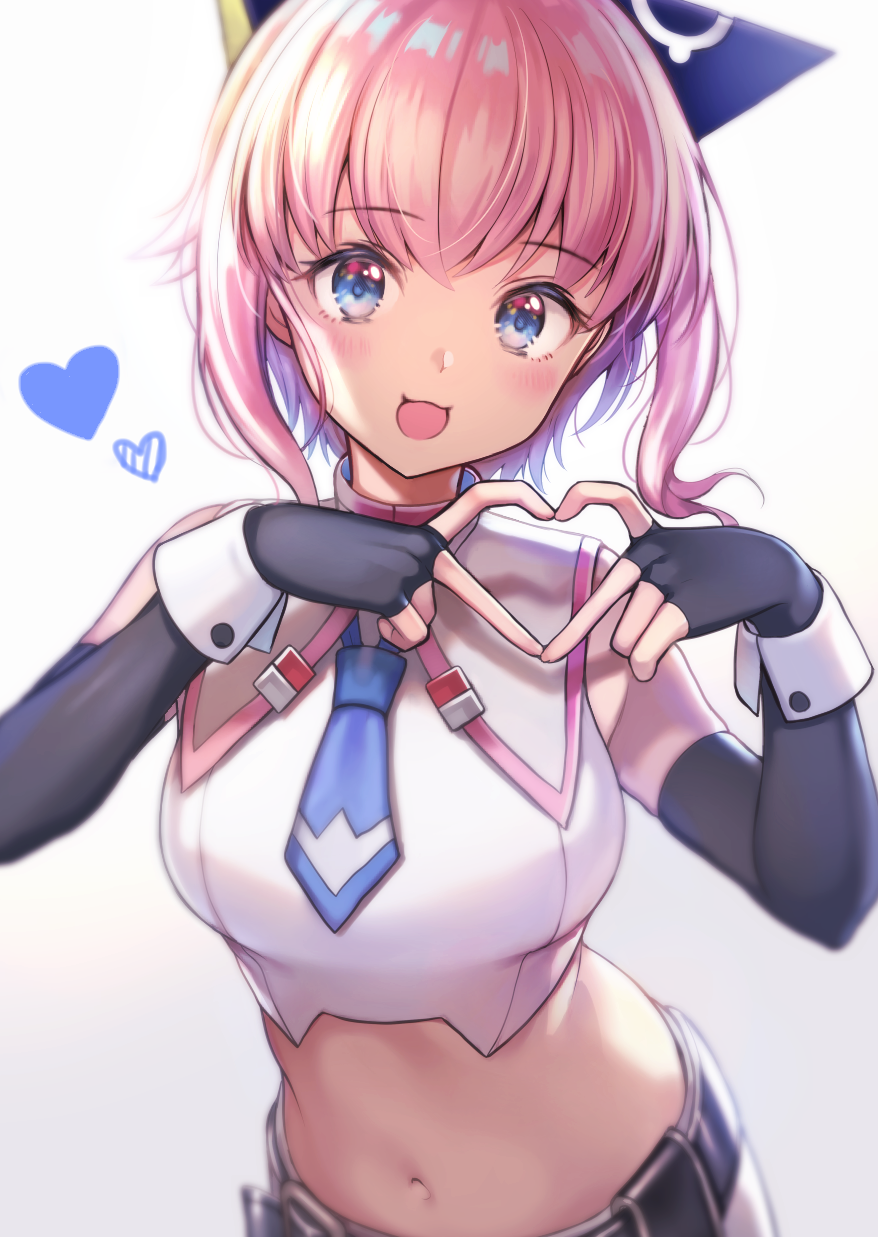 :3 bangs bare_shoulders barefoot black_gloves blue_eyes blue_neckwear blush bow commentary_request crop_top dive_live_japan elbow_gloves eyebrows_visible_through_hair fingerless_gloves gloves hair_bow heart heart_hands highres looking_at_viewer moa_(virtual_youtuber) navel necktie nishizawa open_mouth pink_hair short_hair short_necktie sidelocks simple_background sleeveless smile solo virtual_youtuber white_background wrist_cuffs
