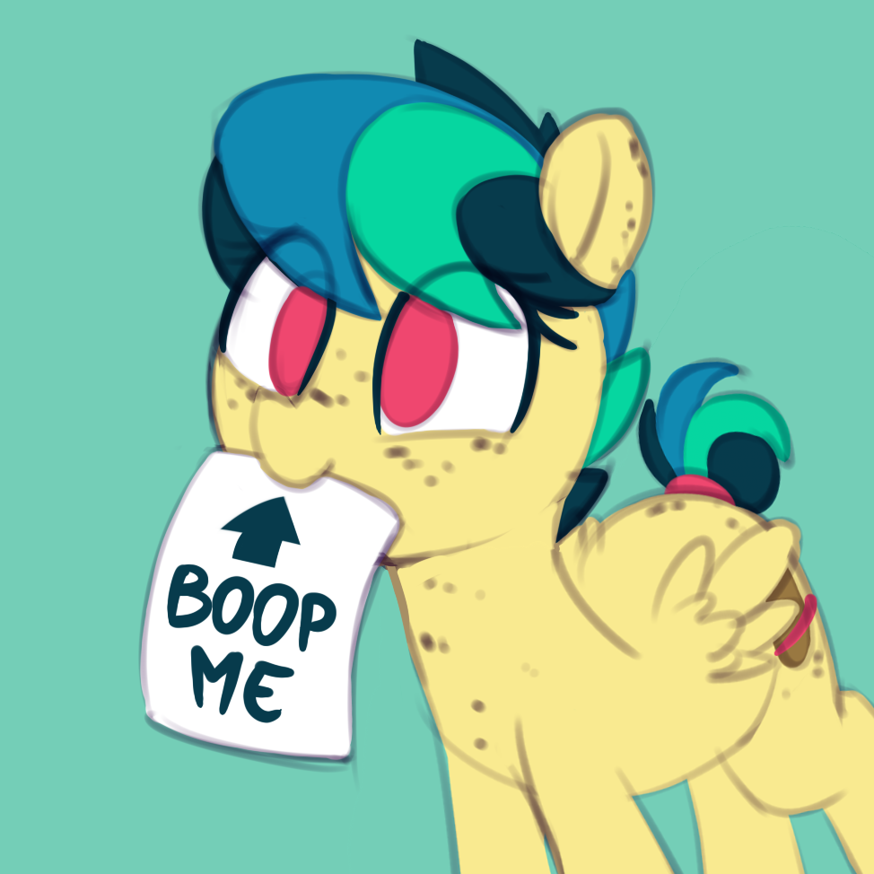 2018 apogee boop cute cutie_mark english_text equine eyelashes fan_character feathered_wings feathers feral freckles hair mammal mouth_hold my_little_pony nude paper pegasus pink_eyes portrait shinodage short_hair short_tail simple_background smile solo standing tail_wraps teal_background teal_hair text wings wraps yellow_feathers young