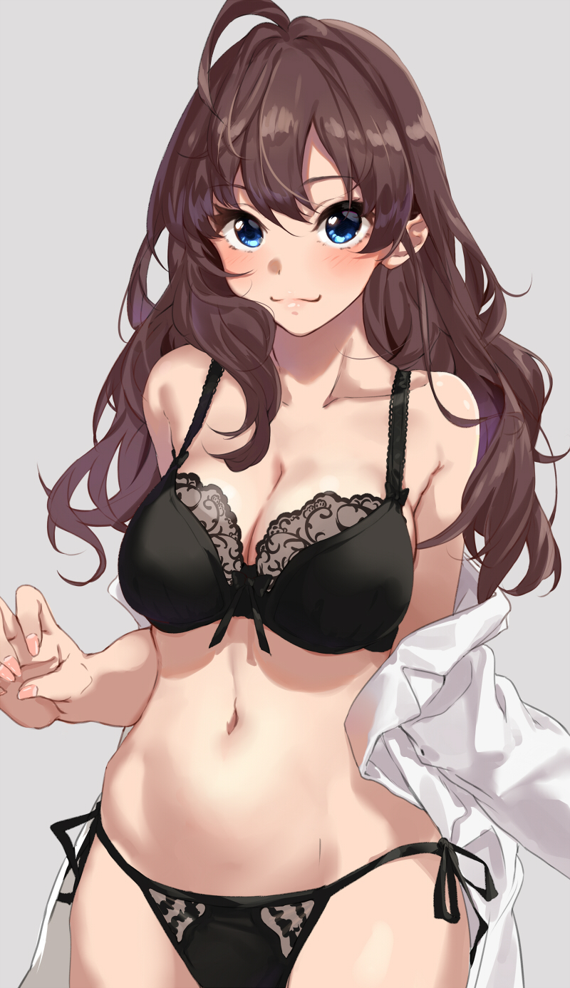 :3 ahoge bangs black_bra black_panties blue_eyes blush bra breasts brown_hair cleavage closed_mouth collarbone cowboy_shot dress_shirt eyebrows_visible_through_hair grey_background hair_between_eyes highres ichinose_shiki idolmaster idolmaster_cinderella_girls kurokin large_breasts lingerie long_hair long_sleeves looking_at_viewer navel off-shoulder_shirt open_clothes open_shirt panties shirt simple_background smile solo stomach underwear wavy_hair white_shirt