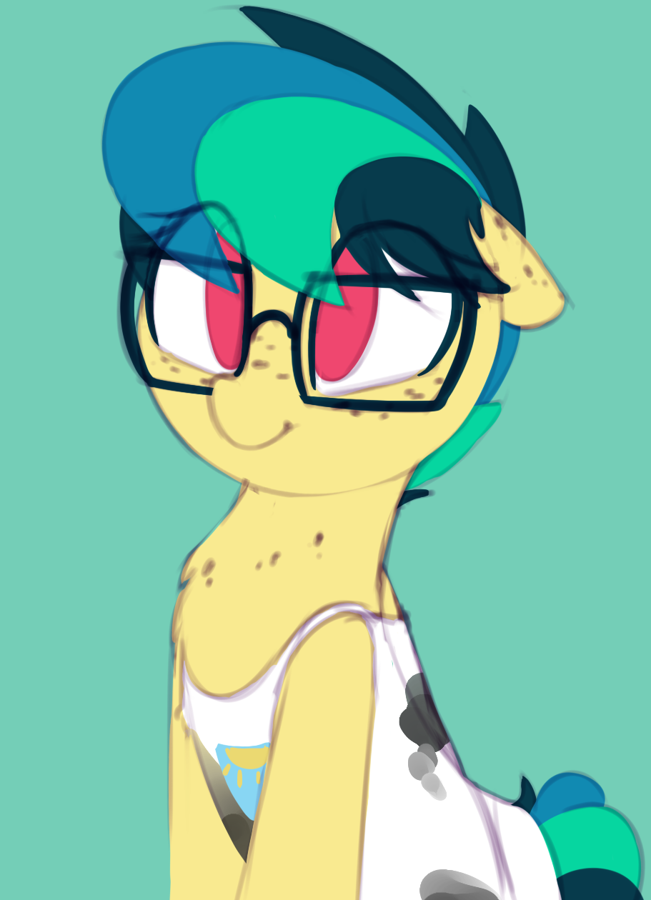 2018 apogee clothed clothing cute equine eyelashes eyewear fan_character feral floppy_ears freckles glasses hair looking_at_viewer mammal my_little_pony pink_eyes portrait shinodage shirt short_hair short_tail simple_background sitting smile solo tank_top teal_background teal_hair young