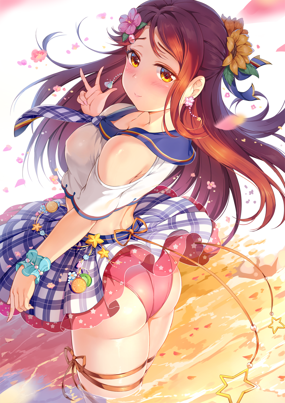 ass blue_scrunchie blush breasts charm_(object) commentary_request covered_nipples crop_top earrings flower flower_earrings hair_flower hair_ornament half_updo highres jewelry long_hair looking_back love_live! love_live!_sunshine!! medium_breasts miazi necktie panties petals pink_flower pink_panties plaid_neckwear red_hair sailor_collar sakurauchi_riko scrunchie skirt_up smile solo underwear w wading wind wind_lift wrist_scrunchie yellow_eyes yellow_flower