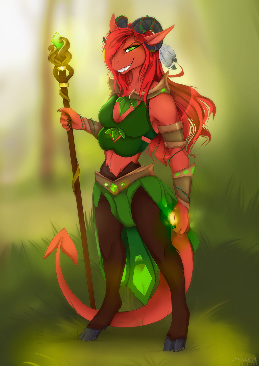 2018 5_fingers anthro blurred_background breasts clothed clothing detailed_background druid female grass green_eyes hair hooves lycangel magic_user multi_breast red_hair red_skin smile solo standing succubus teeth tribal_spellcaster