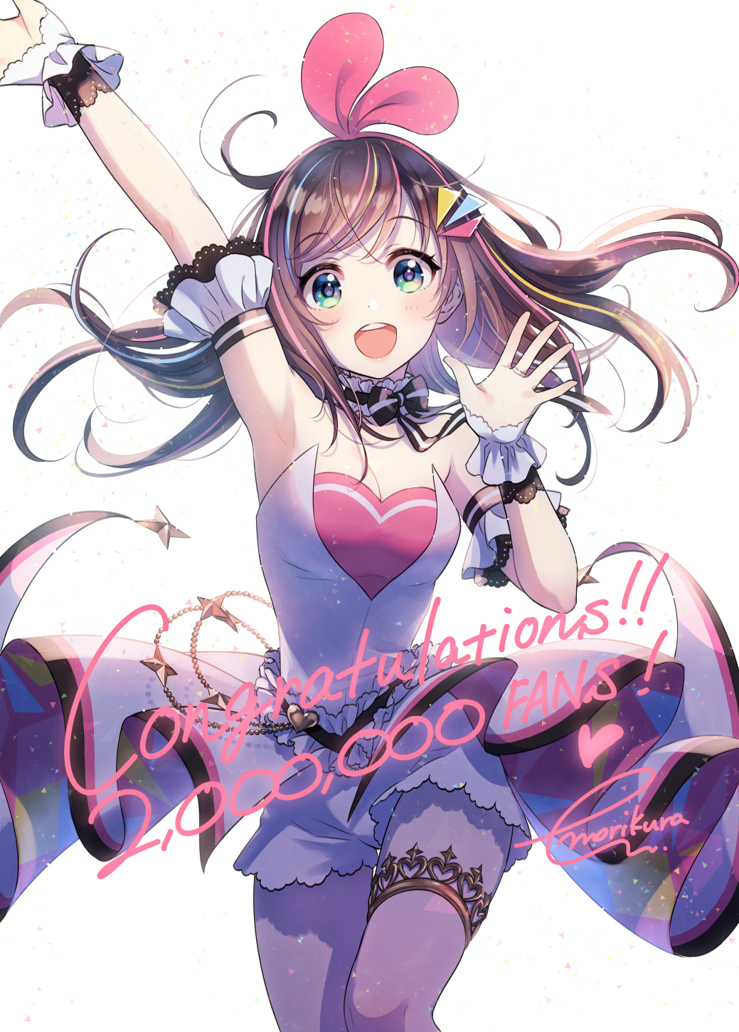 :d a.i._channel adapted_costume arm_up bangs blush breasts brown_hair cleavage congratulations eyebrows_visible_through_hair green_eyes hair_ornament hair_ribbon heart highres jewelry kizuna_ai long_hair medium_breasts morikura_en multicolored_hair open_mouth outstretched_arm pink_hair pink_ribbon ribbon ring round_teeth shirt short_shorts shorts signature simple_background smile solo star strapless streaked_hair teeth upper_teeth virtual_youtuber white_background white_shirt white_shorts wrist_cuffs