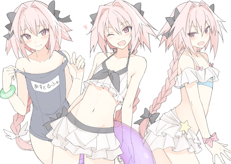 ;d astolfo_(fate) bangs bare_arms bare_shoulders bikini bikini_skirt black_bow black_ribbon black_swimsuit blue_bikini blush bow braid closed_mouth collarbone commentary eyebrows_visible_through_hair fang fate/apocrypha fate/extella fate/extella_link fate/extra fate_(series) from_side groin hair_between_eyes hair_bow hair_intakes hair_ribbon half-closed_eyes halter_top halterneck head_tilt heart holding innertube long_hair looking_at_viewer looking_to_the_side male_focus miniskirt mobu multicolored_hair multiple_views name_tag navel old_school_swimsuit one-piece_swimsuit one_eye_closed open_mouth otoko_no_ko pink_bow pink_hair pink_ribbon purple_eyes ribbon school_swimsuit sidelocks simple_background single_braid skirt smile standing star stomach strap_pull streaked_hair striped_bikini_top swimsuit very_long_hair white_background white_bikini white_bow white_hair white_skirt wrist_ribbon