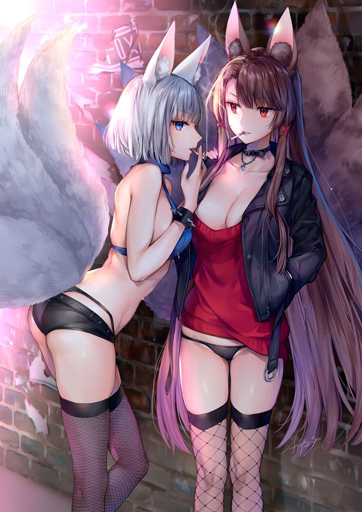 akagi_(azur_lane) alternate_costume animal_ear_fluff animal_ears ass azur_lane bangs belt bikini black_legwear black_panties black_shorts blue_bikini blue_eyes blush breasts brick_wall brown_hair cigarette cleavage collar collarbone commentary_request eyebrows_visible_through_hair fishnet_legwear fishnets fox_ears fox_tail groin hair_between_eyes hand_on_another's_shoulder hands_in_pockets highleg highleg_panties holding holding_cigarette jacket jewelry kaga_(azur_lane) kaguyuzu large_breasts long_hair looking_at_another looking_at_viewer lowleg lowleg_panties micro_shorts mouth_hold multiple_girls multiple_tails necklace open_clothes open_jacket panties pendant red_eyes short_hair shorts sidelocks smile standing studded_belt sweater swimsuit tail thighhighs thighs turtleneck underwear very_long_hair white_hair