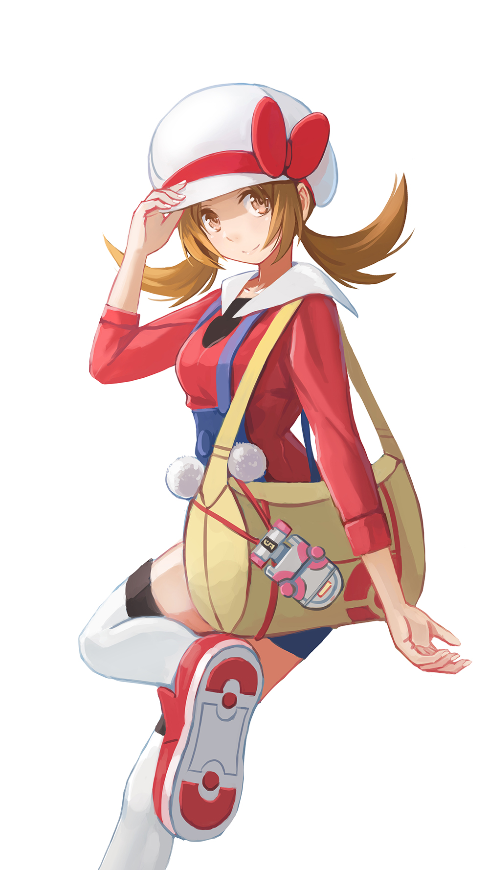 bow brown_eyes brown_hair floating_hair hair_bow hat highres kotone_(pokemon) leg_up long_hair looking_at_viewer pokemon pokemon_(game) pokemon_hgss red_bow red_shirt redpoke shirt simple_background smile solo standing standing_on_one_leg suspenders thighhighs twintails white_background white_hat white_legwear
