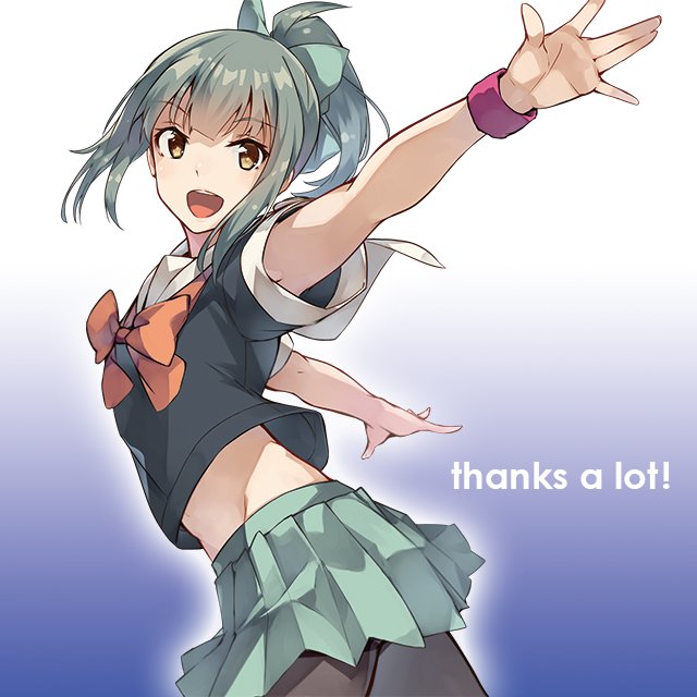 :d bangs blush bow bowtie breasts brown_eyes commentary english eyebrows_visible_through_hair glowing gradient gradient_background green_bow green_hair green_skirt hair_bow hair_ribbon head_tilt kantai_collection konishi_(koconatu) long_hair midriff official_art open_mouth orange_neckwear outstretched_arms pantyhose pleated_skirt ponytail ribbon school_uniform serafuku short_sleeves sidelocks skirt smile solo upper_body wristband yuubari_(kantai_collection)