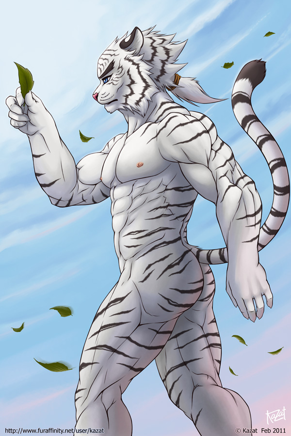 2011 anthro blue_eyes feline kazat leaf leaves male mammal muscular muscular_male nipples nude solo tiger