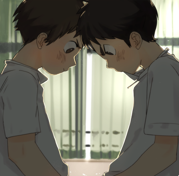 backlighting blush brown_eyes brown_hair commentary_request eyebrows implied_yaoi looking_at_another looking_down male_focus multiple_boys nakayuki_t original school_uniform shadow shirt white_shirt