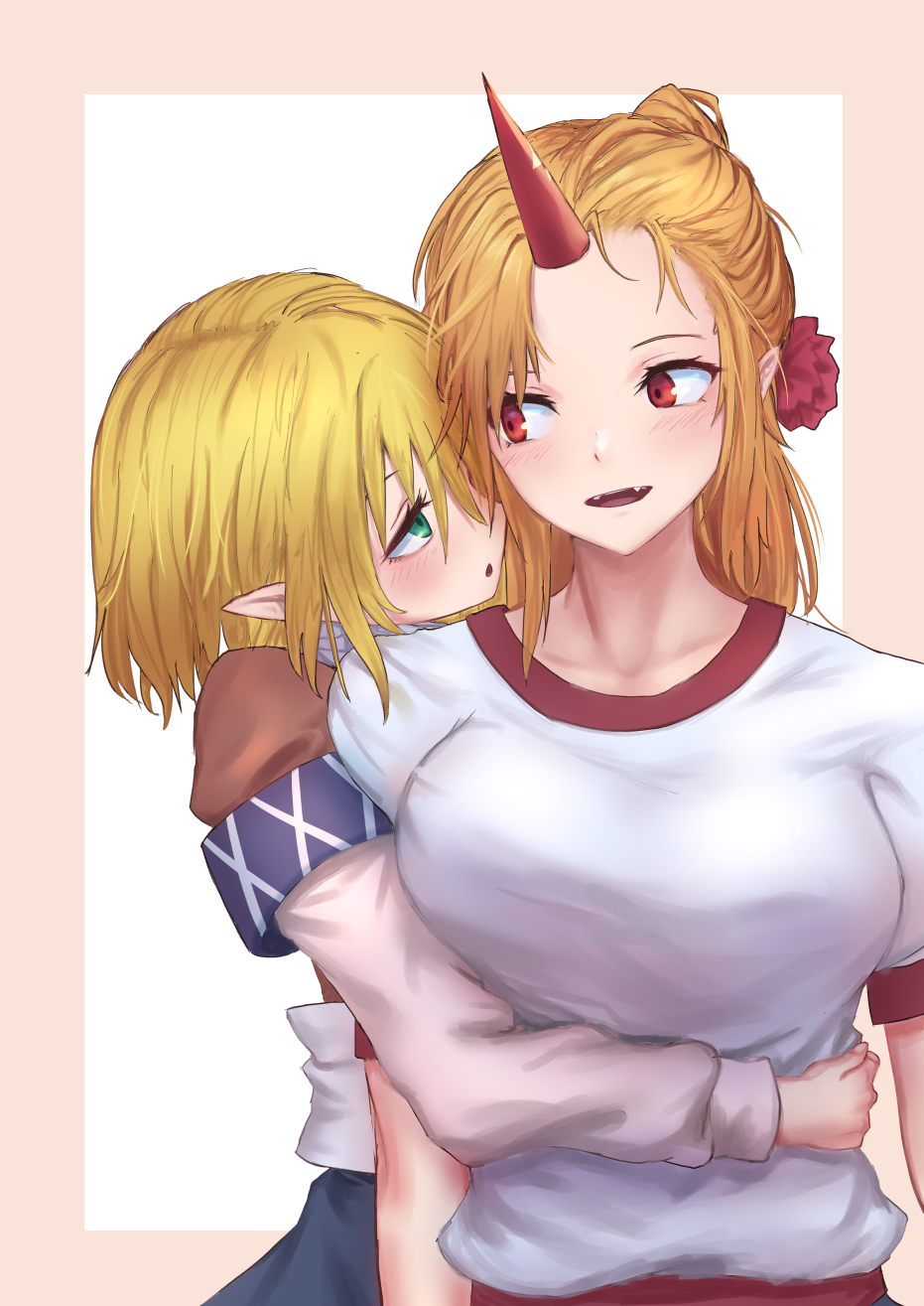 alternate_hairstyle beige_border blonde_hair blue_skirt blush border breasts brown_shirt commentary eye_contact fangs flower forehead green_eyes hair_between_eyes hair_flower hair_ornament highres horn hoshiguma_yuugi hug hug_from_behind large_breasts long_hair long_sleeves looking_at_another looking_to_the_side mizuhashi_parsee multiple_girls open_mouth parted_lips pointy_ears red_eyes red_flower roke_(taikodon) sash scarf shirt short_hair short_sleeves simple_background skirt smile touhou upper_body white_background white_sash white_scarf white_shirt yuri