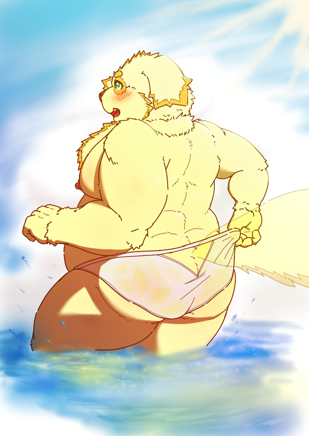 anthro blush butt canine clothed clothing cusith dog fur hi_res male mammal moobs musclegut muscular muscular_male nipples overweight overweight_male rear_view solo speedo swimsuit tokyo_afterschool_summoners topless translucent yellow_fur なめこ丼