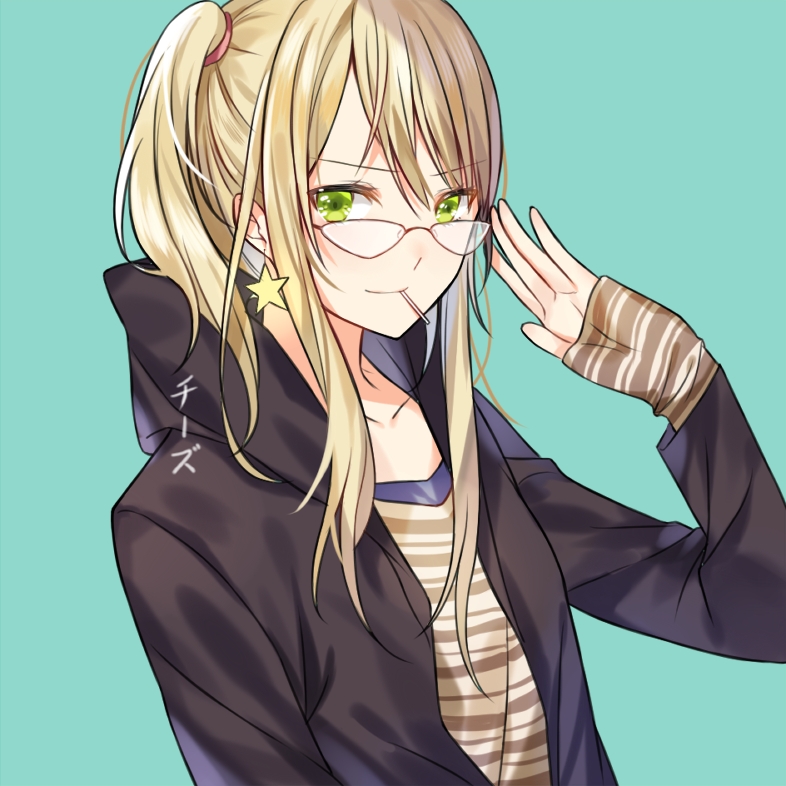 adjusting_eyewear aihara_yuzu artist_name bad_id bad_pixiv_id black_jacket blonde_hair brown_shirt chi_zu_crazy citrus_(saburouta) collarbone eyebrows_visible_through_hair glasses green_background green_eyes hair_between_eyes hood hooded_jacket jacket long_hair looking_at_viewer mouth_hold open_clothes open_jacket shirt side_ponytail simple_background smile solo striped striped_shirt upper_body