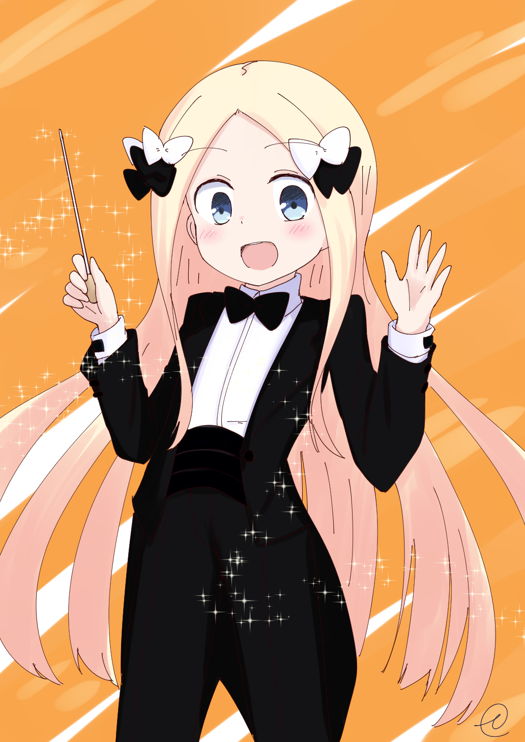 :d abigail_williams_(fate/grand_order) bangs baton_(instrument) black_bow black_jacket black_neckwear black_pants blonde_hair blue_eyes blush bow bowtie collared_shirt commentary_request conductor cowboy_shot eyebrows_visible_through_hair fate/grand_order fate_(series) forehead formal hair_bow hands_up highres holding jacket kujou_karasuma long_hair long_sleeves looking_at_viewer open_clothes open_jacket open_mouth orange_background pant_suit pants parted_bangs shirt signature smile solo sparkle suit tailcoat tuxedo very_long_hair white_bow white_shirt