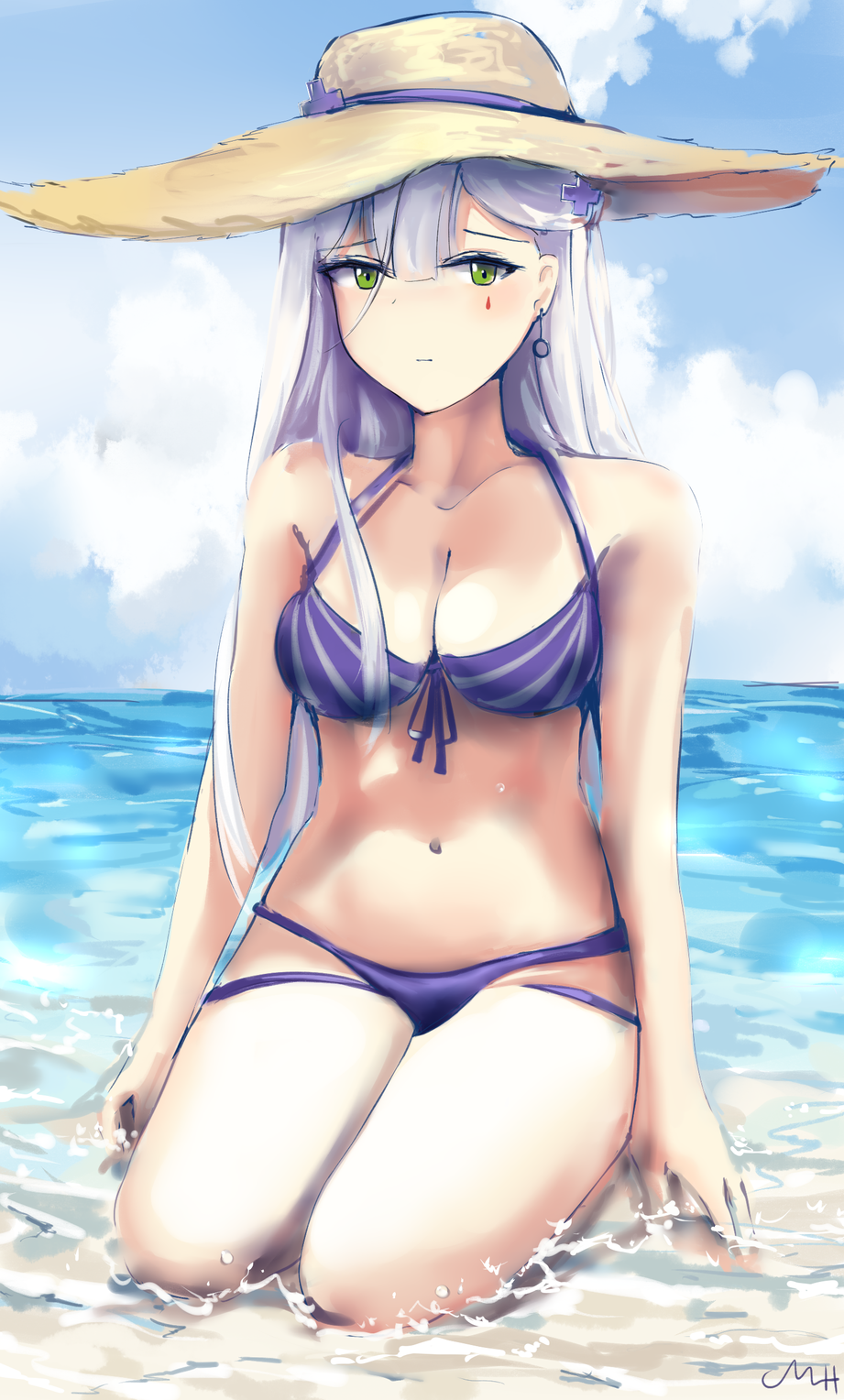 alternate_costume bangs bikini blue_sky blunt_bangs blush breasts chyt cleavage closed_mouth cloud collarbone day earrings eyebrows_visible_through_hair facial_mark girls_frontline green_eyes hair_between_eyes hair_ornament hat highres hk416_(girls_frontline) jewelry long_hair looking_at_viewer medium_breasts navel outdoors seiza signature silver_hair sitting sky solo stomach sun_hat swimsuit teardrop very_long_hair