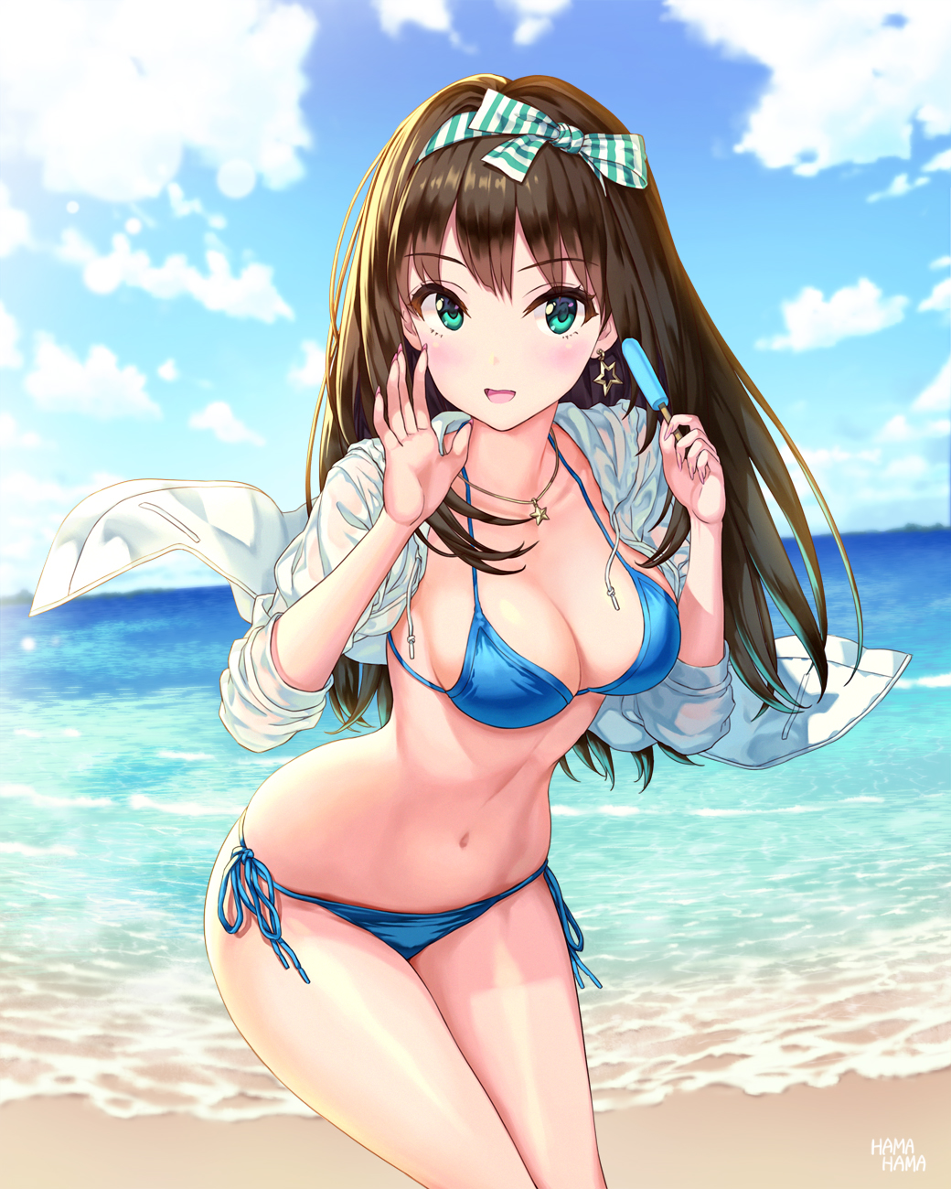 bangs beach bikini blue_bikini blue_sky blush bow breasts brown_hair cleavage cloud collarbone commentary_request day earrings eyebrows_visible_through_hair fingernails food green_eyes hair_bow hhama highres holding hood hoodie idolmaster idolmaster_cinderella_girls jewelry leaning_forward long_fingernails long_hair long_sleeves medium_breasts navel necklace ocean open_clothes open_hoodie open_mouth outdoors popsicle sand shibuya_rin side-tie_bikini signature sky sleeves_rolled_up smile solo standing star star_earrings star_necklace swimsuit water