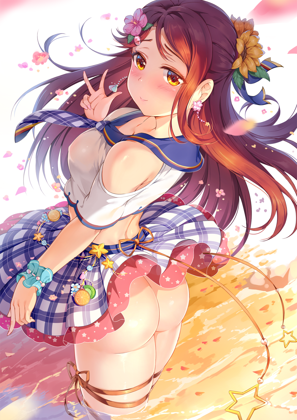 ass blue_scrunchie blush breasts charm_(object) commentary_request covered_nipples crop_top earrings flower flower_earrings hair_flower hair_ornament half_updo highres jewelry long_hair looking_back love_live! love_live!_sunshine!! medium_breasts miazi necktie no_panties petals pink_flower plaid_neckwear red_hair sailor_collar sakurauchi_riko scrunchie skirt_up smile solo w wading wind wind_lift wrist_scrunchie yellow_eyes yellow_flower
