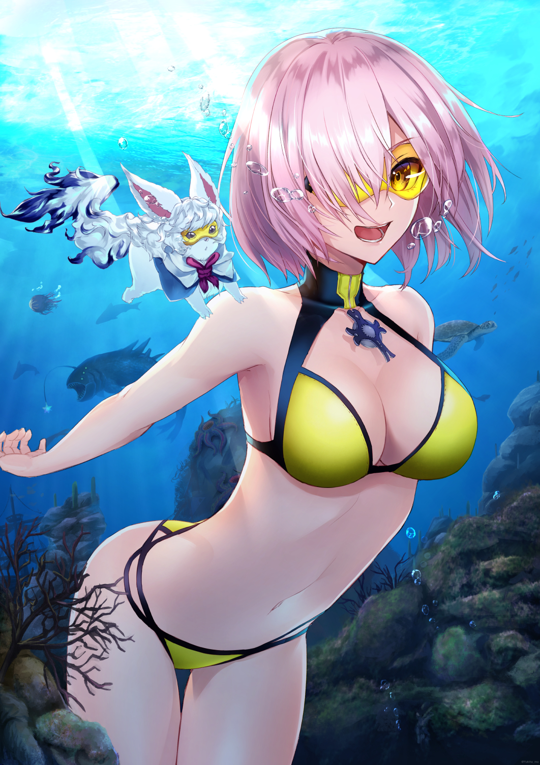 armpits bangs bikini blue_capelet breasts bubble capelet cleavage collarbone commentary_request cowboy_shot craft_essence creature cross cross_necklace day dive_to_blue diving fate/grand_order fate_(series) fish fou_(fate/grand_order) hair_over_one_eye halter_top halterneck highres jewelry large_breasts looking_at_viewer mash_kyrielight navel necklace ocean open_mouth pink_hair red_neckwear short_hair smile swimming swimsuit tinted_eyewear underwater water yellow-tinted_eyewear yellow_bikini yukihama