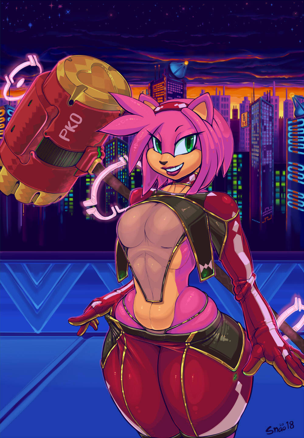 2018 amy_rose anthro breasts city clothed clothing digital_media_(artwork) female green_eyes hair hairband hammer hedgehog mammal shrug_(clothing) smile snao solo sonic_(series) thick_thighs thong tools video_games weapon