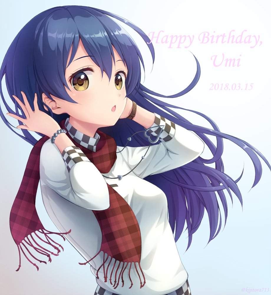 arms_up bangs birthday blue_hair blush character_name checkered commentary_request dated hair_between_eyes happy_birthday heart long_hair looking_at_viewer love_live! love_live!_school_idol_festival love_live!_school_idol_project open_mouth sasurai_(kijitora713) scarf simple_background smile solo sonoda_umi upper_body white_background yellow_eyes
