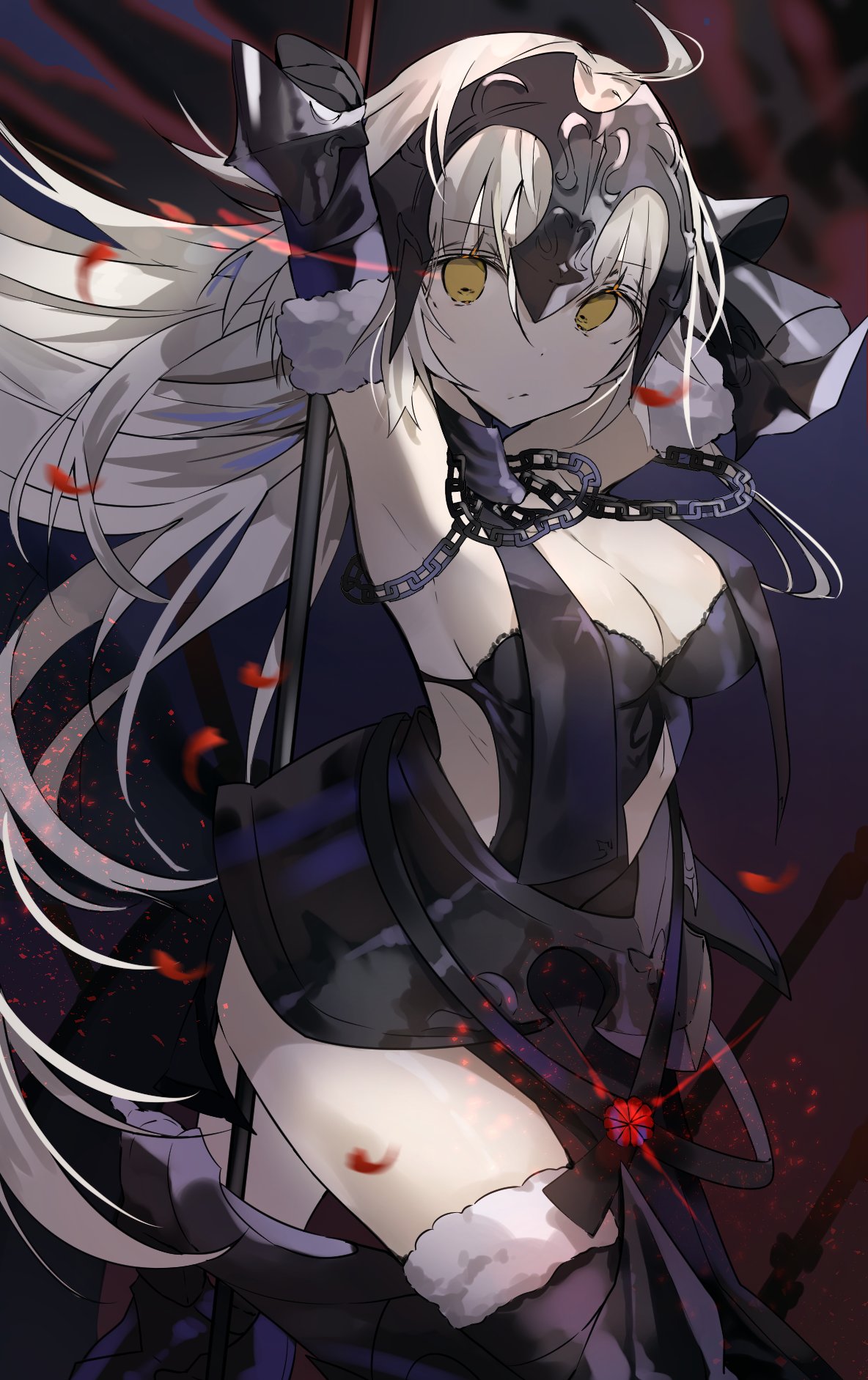 ahoge armpits arms_behind_back breasts chain cleavage commentary fate/grand_order fate_(series) fur-trimmed_legwear fur_trim hair_between_eyes headpiece highres jeanne_d'arc_(alter)_(fate) jeanne_d'arc_(fate)_(all) long_hair looking_at_viewer medium_breasts petals rose_petals sideboob solo standing standing_on_one_leg thighhighs thighs very_long_hair white_hair yellow_eyes yuuko_(030_yuko)