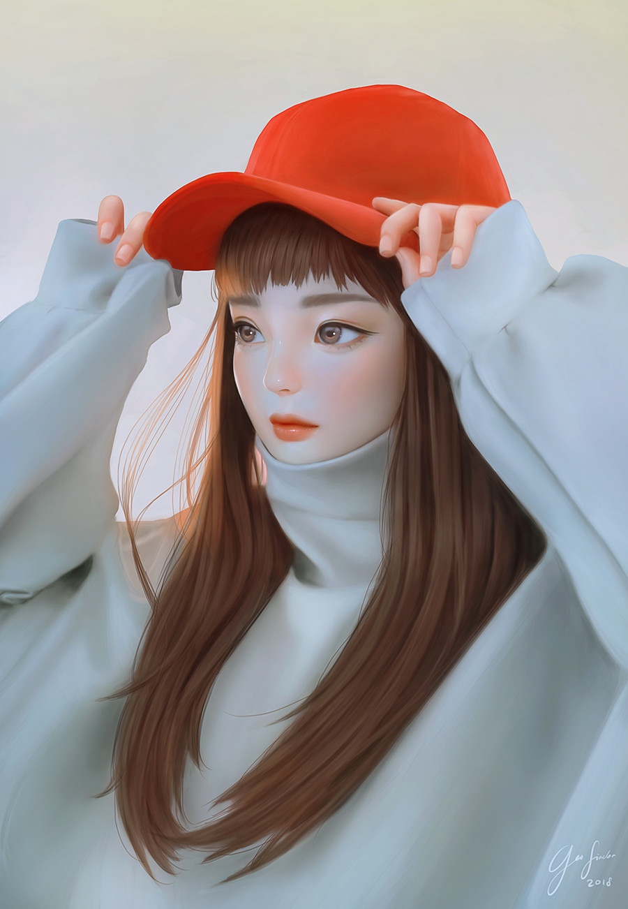 adjusting_clothes adjusting_hat artist_name bangs brown_eyes brown_hair closed_mouth commentary dated geo_siador hat highres lips long_hair long_sleeves looking_afar nose original red_hat red_lips signature sleeves_past_wrists solo sweater turtleneck turtleneck_sweater upper_body white_sweater