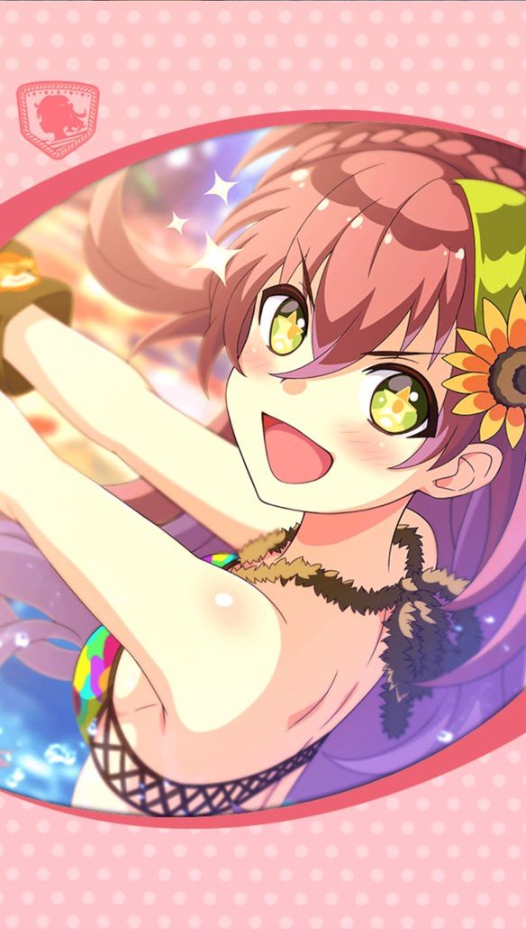 artist_request blush braid flower framed_image green_eyes hair_flower hair_ornament mitum_(phantom_of_the_kill) official_art open_mouth phantom_of_the_kill red_hair smile star star-shaped_pupils sunflower_hair_ornament symbol-shaped_pupils