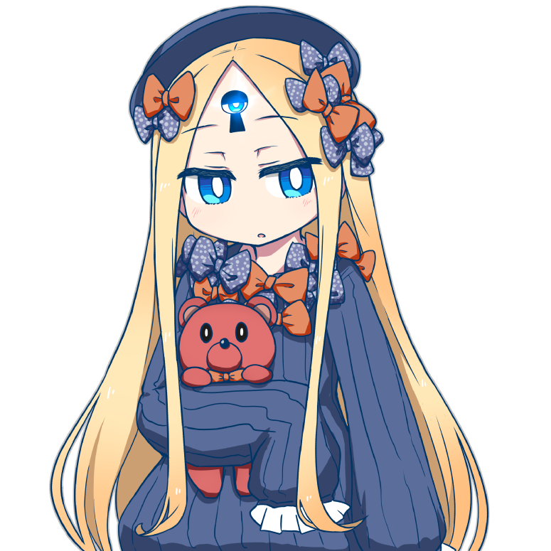:o abigail_williams_(fate/grand_order) bangs black_bow black_dress black_hat blonde_hair blue_eyes blush bow bug butterfly commentary_request dress eyebrows_visible_through_hair fate/grand_order fate_(series) glowing hair_bow hat insect jitome long_hair long_sleeves looking_at_viewer nanatsume object_hug orange_bow parted_bangs parted_lips polka_dot polka_dot_bow simple_background sleeves_past_fingers sleeves_past_wrists solo stuffed_animal stuffed_toy teddy_bear upper_body very_long_hair white_background