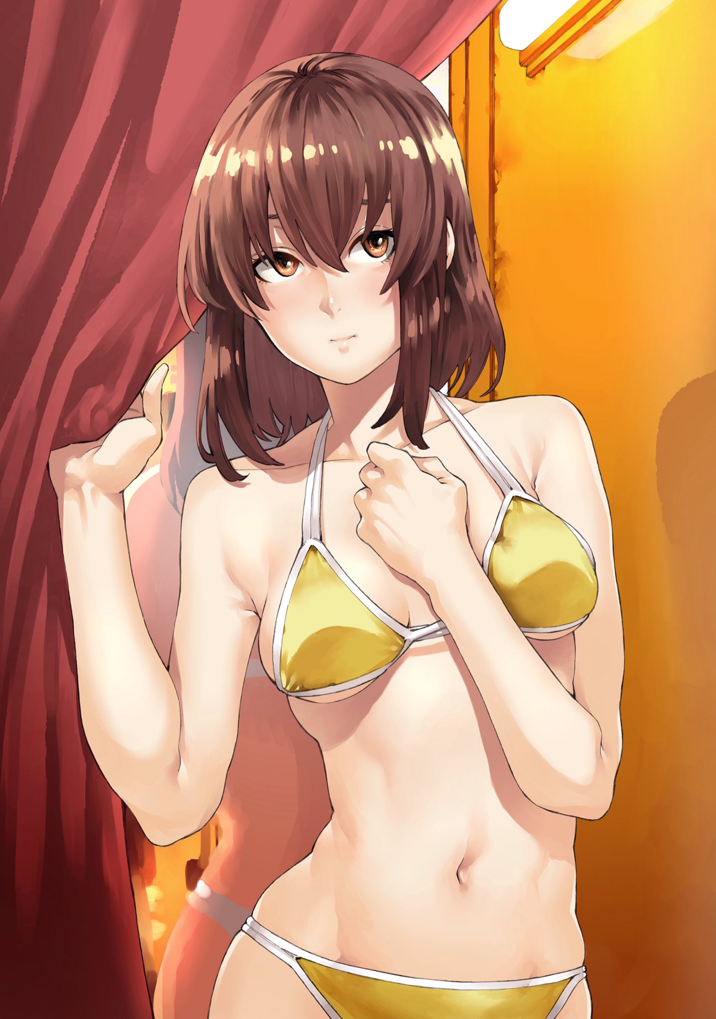 bangs bikini blush brown_eyes brown_hair changing_room character_request clenched_hand commentary_request curtains hand_on_own_chest highres looking_to_the_side mirror nakajima_ryou navel solo swimsuit yellow_bikini