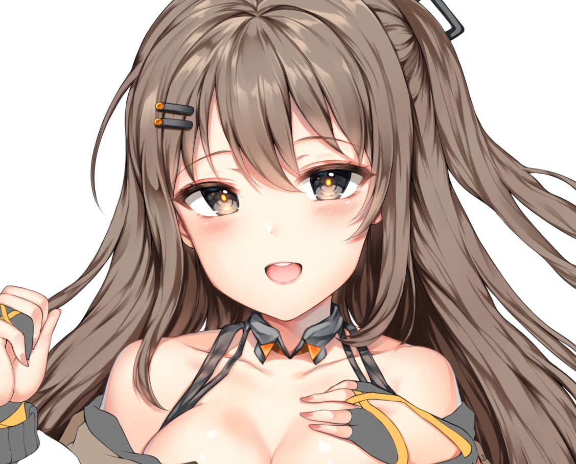 bangs bare_shoulders blush breasts brown_eyes brown_hair cleavage collarbone eyebrows_visible_through_hair fingerless_gloves girls_frontline gloves hair_ornament hairclip hand_on_own_chest hand_up jacket k-2_(girls_frontline) long_hair looking_at_viewer medium_breasts off_shoulder open_mouth painteen sidelocks simple_background smile solo tareme upper_body upper_teeth work_in_progress