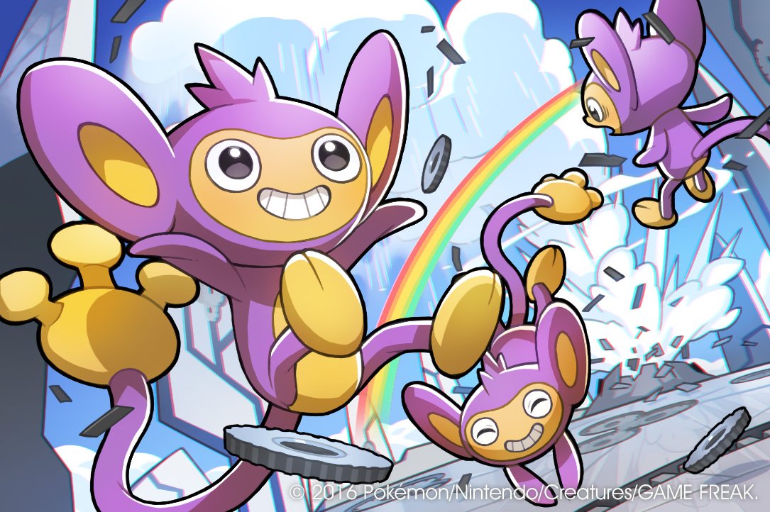 aipom commentary_request gen_2_pokemon no_humans official_art pokemon pokemon_(creature) pokemon_trading_card_game rainbow saitou_naoki smile trading_card watermark