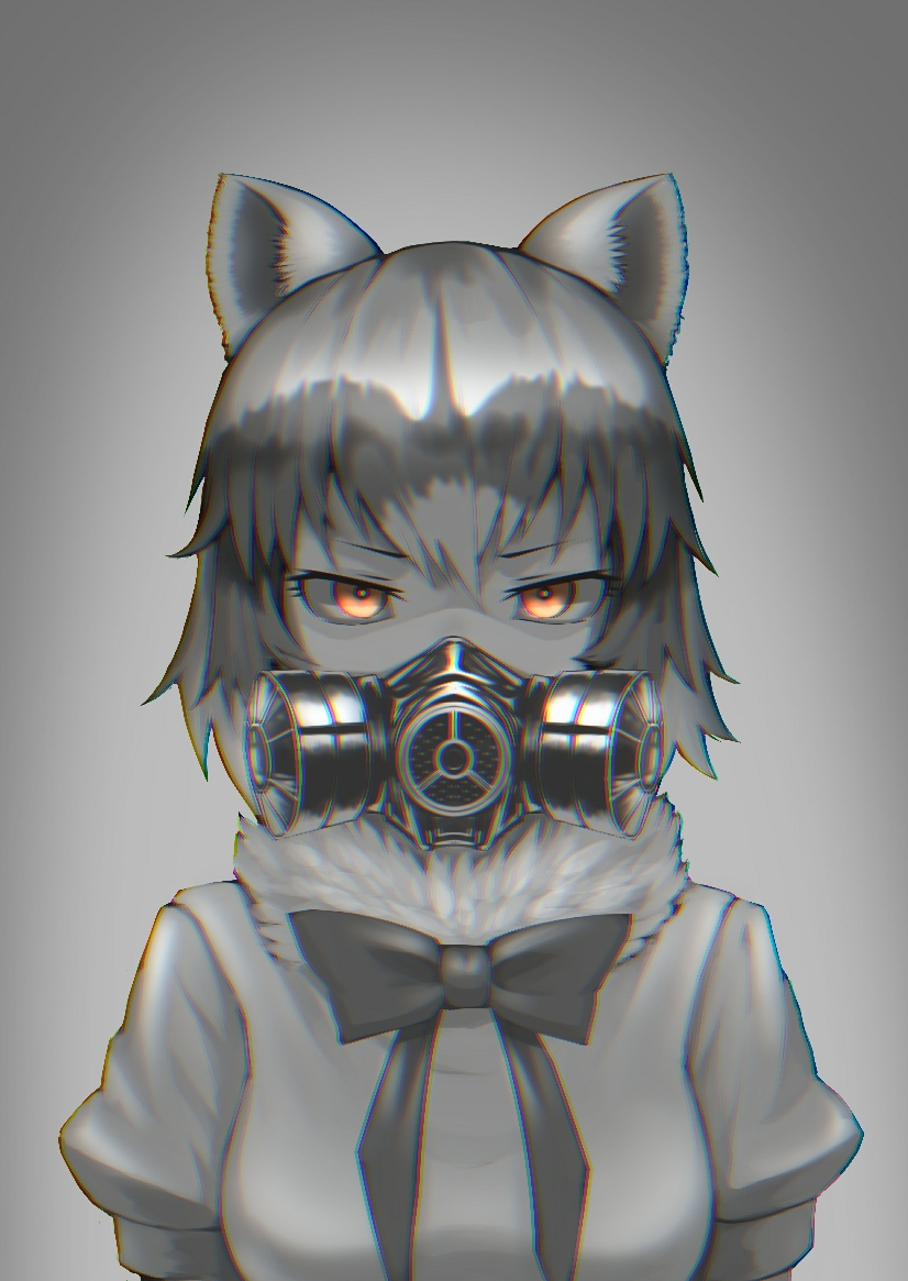 animal_ears bangs blouse bow bowtie brown_eyes chromatic_aberration commentary common_raccoon_(kemono_friends) covered_mouth eyes fur_collar gas_mask greyscale hair_between_eyes kemono_friends looking_at_viewer mask monochrome raccoon_ears short_hair short_sleeves solo spot_color st.takuma upper_body v-shaped_eyebrows