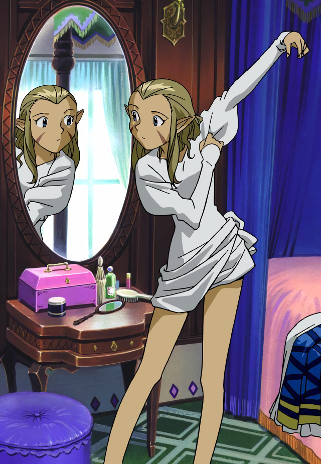 arm_up bare_legs bed blonde_hair blue_eyes dressing facial_mark indoors jessica_de_alkirk juliet_sleeves long_hair long_sleeves looking_at_mirror lunar lunar:_the_silver_star markings mirror no_bangs official_art pointy_ears puffy_sleeves reflection standing