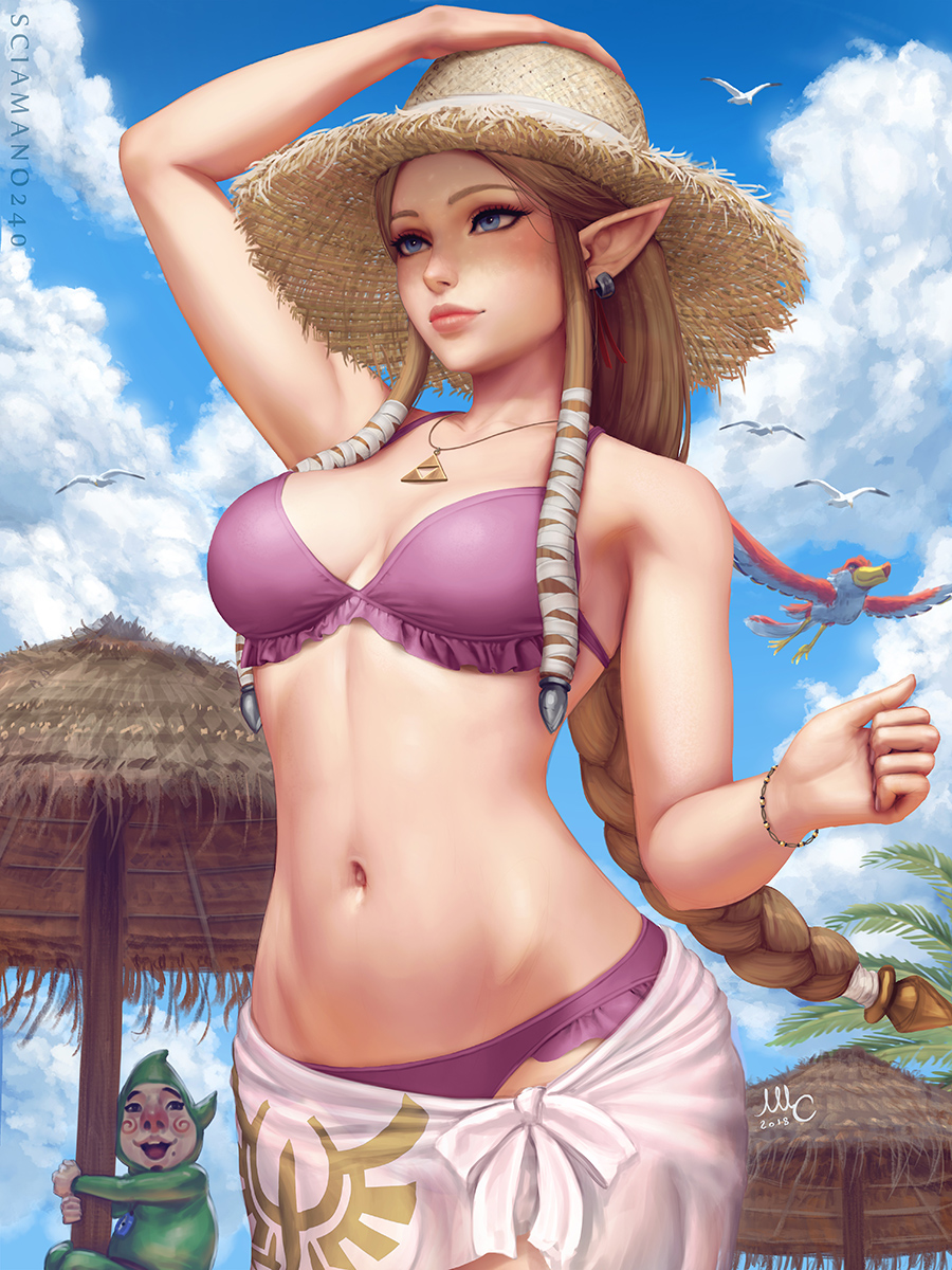 1girl 2018 :d arm_up artist_name bare_arms bare_shoulders bikini bird blue_eyes bodysuit bracelet braid breasts brown_hair brown_hat closed_mouth cloud cloudy_sky collarbone commentary cowboy_shot day earrings english_commentary floating_hair frilled_bikini frills green_bodysuit groin hair_ribbon hand_on_headwear hand_up hat highres hoop_earrings jewelry lips long_hair looking_at_another looking_away medium_breasts mole mole_under_mouth navel necklace nose open_mouth outdoors palm_tree parasol pointy_ears princess_zelda purple_bikini realistic ribbon sarong sciamano240 sidelocks signature single_braid sky smile solo_focus standing stomach straw_hat summer swimsuit the_legend_of_zelda the_legend_of_zelda:_twilight_princess tingle tree tress_ribbon triforce umbrella very_long_hair white_ribbon